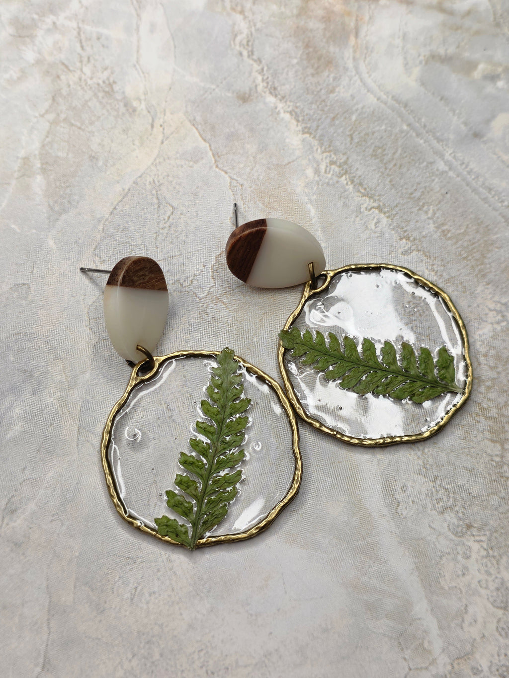 Real Fern Resin & Wood Dangle Earrings