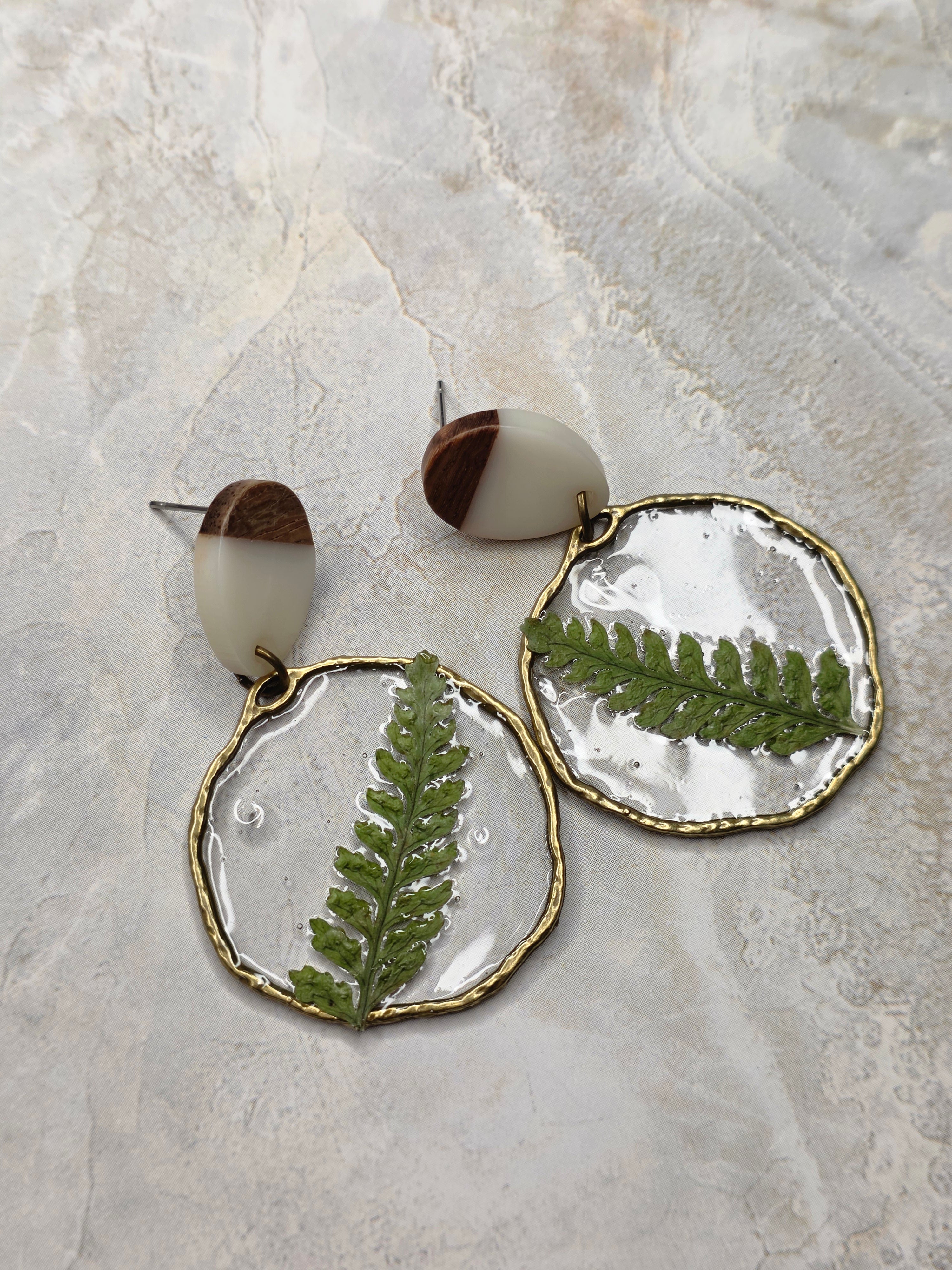 Real Fern Resin & Wood Dangle Earrings