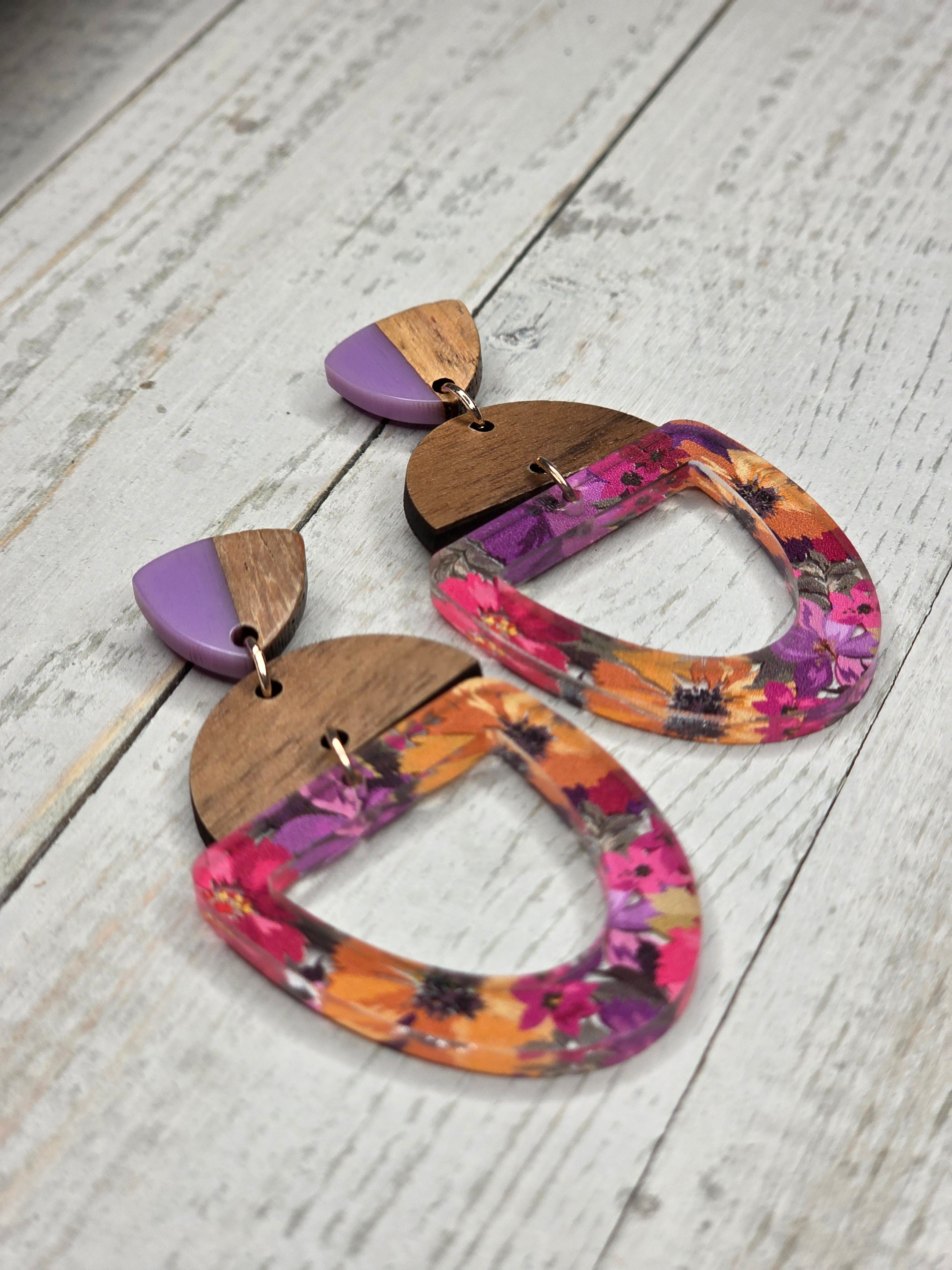 Wildflower Acrylic & Wood Dangle Earrings
