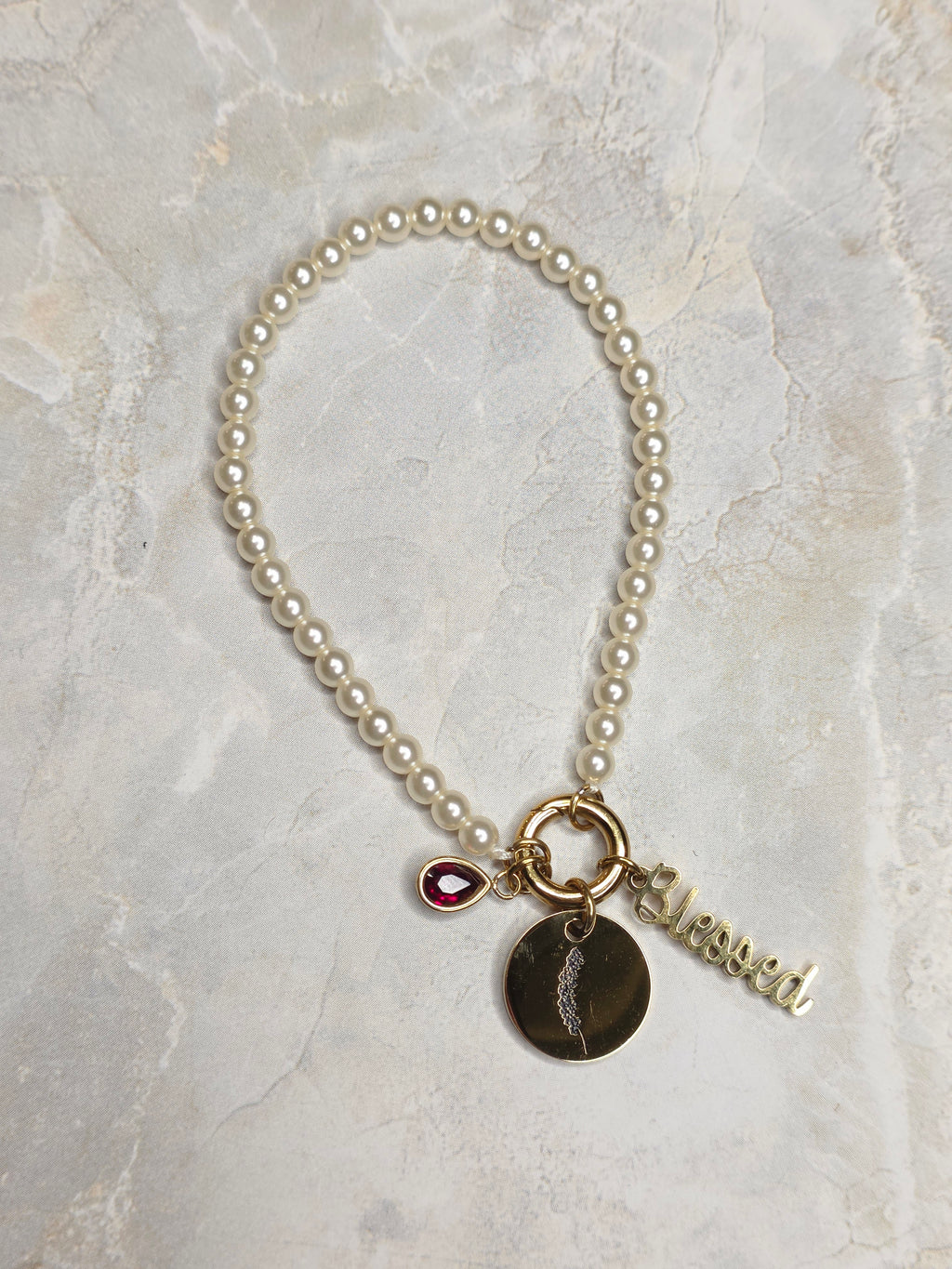 July Birthstone Charm Bracelet — Ruby, Birth Flower & Blessed Charm
