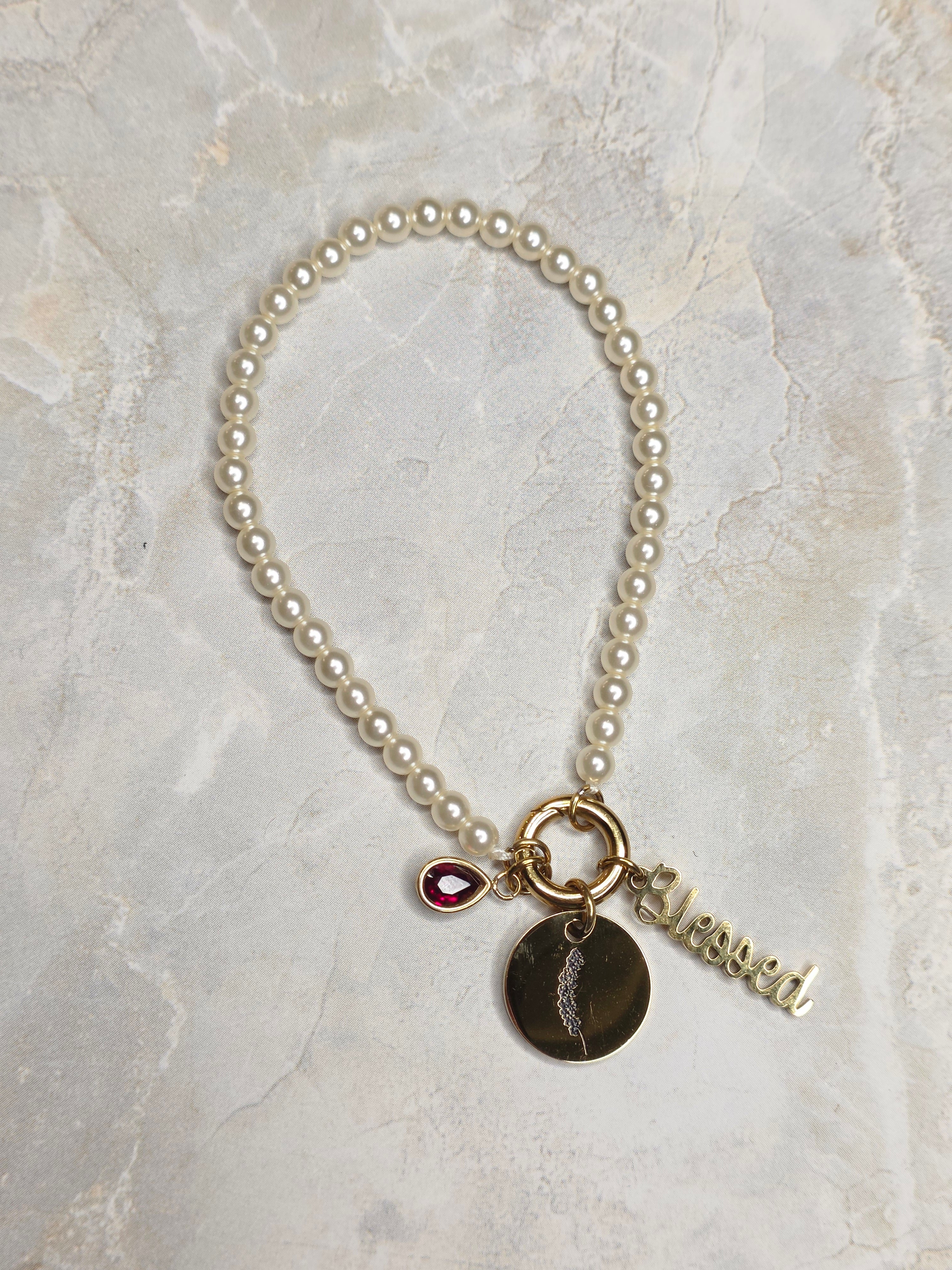July Birthstone Charm Bracelet — Ruby, Birth Flower & Blessed Charm