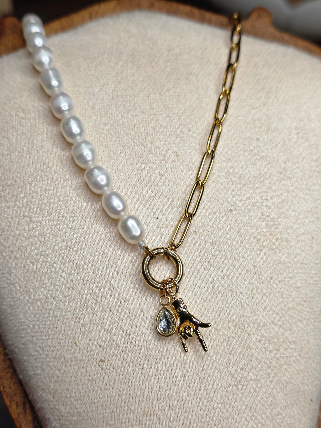 Pearl & Gold Paperclip Chain Rock On Charm Necklace