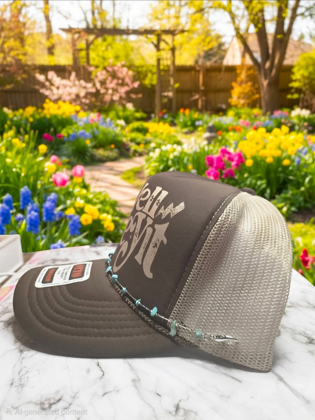 A dark brown and gray trucker hat with a decorative beaded strap resting on a white marble surface, with a blurred colorful garden background.