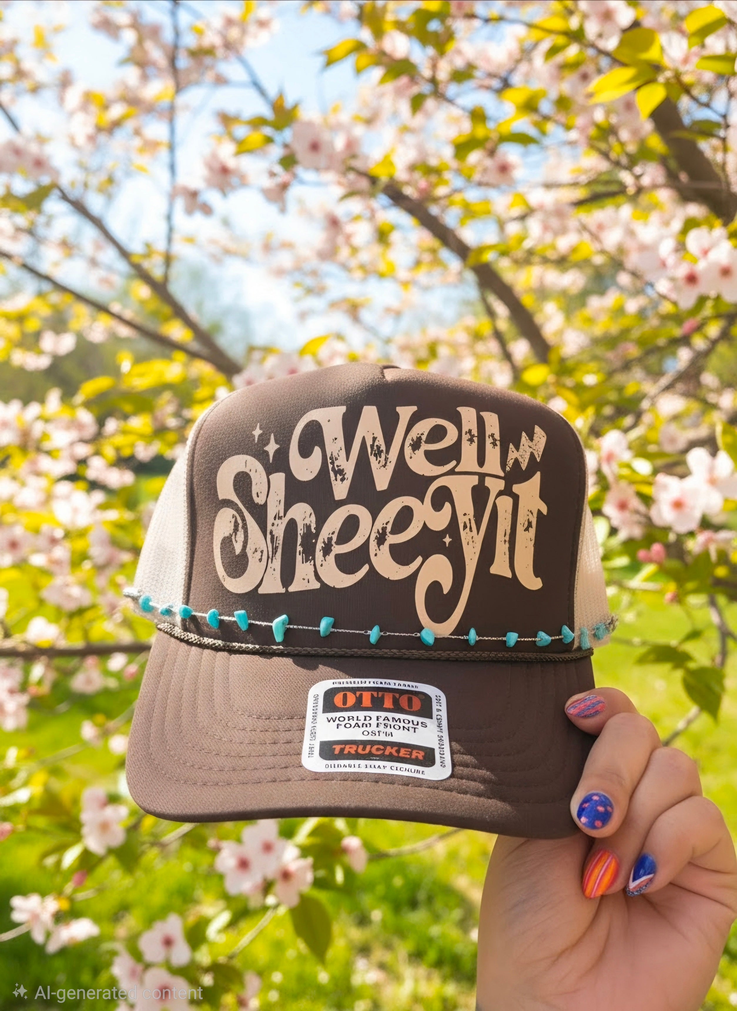 A hand holds a brown and beige trucker hat with 'Well Sheeyit' written on the front, set against a background of blooming cherry blossom trees.