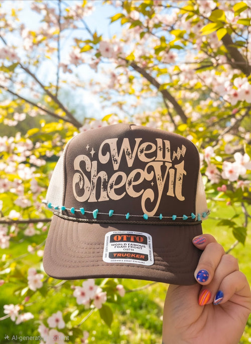 A hand holds a brown and beige trucker hat with 'Well Sheeyit' written on the front, set against a background of blooming cherry blossom trees.