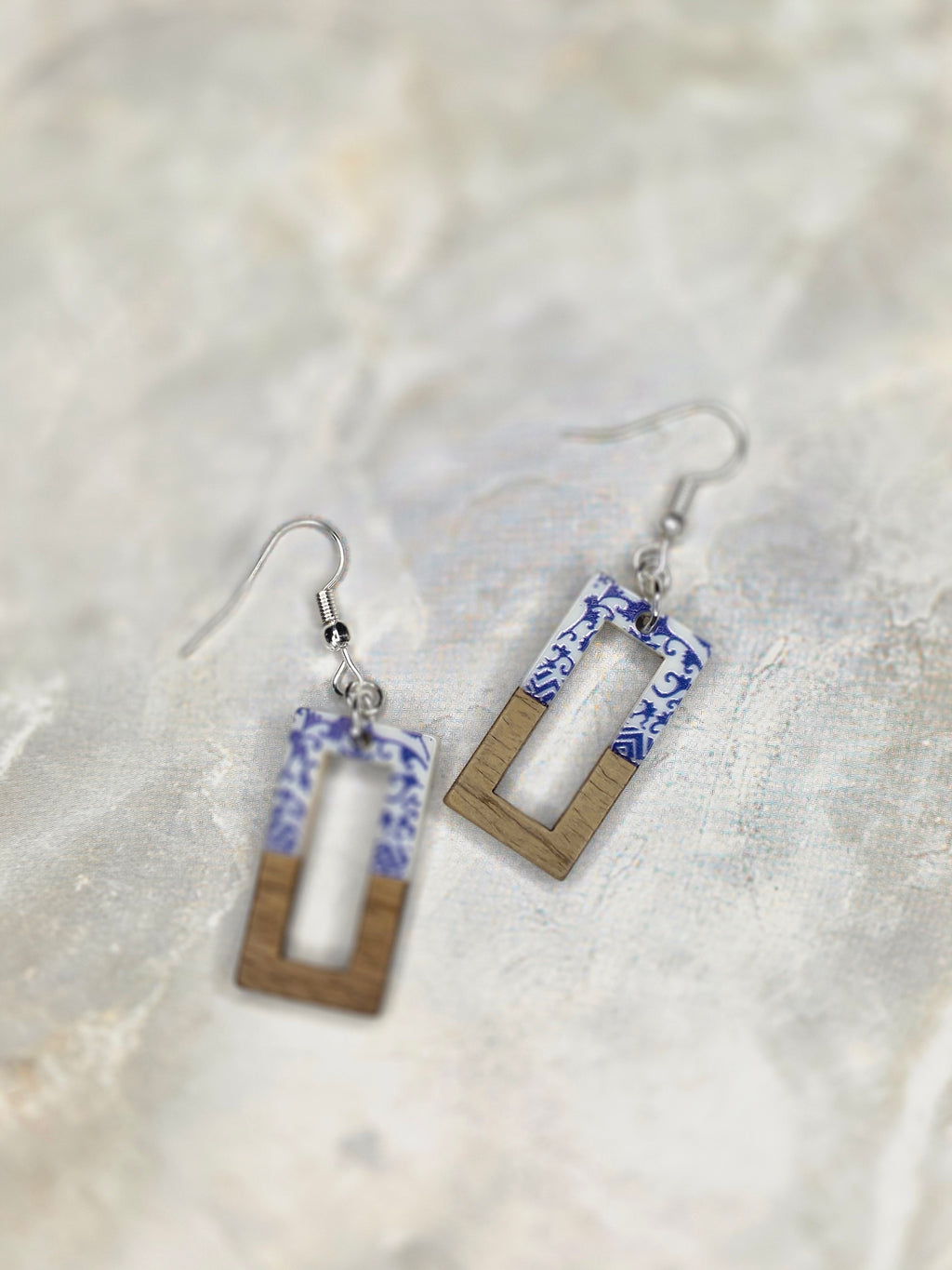 Blue Floral Wood & Resin Open Rectangle Earrings