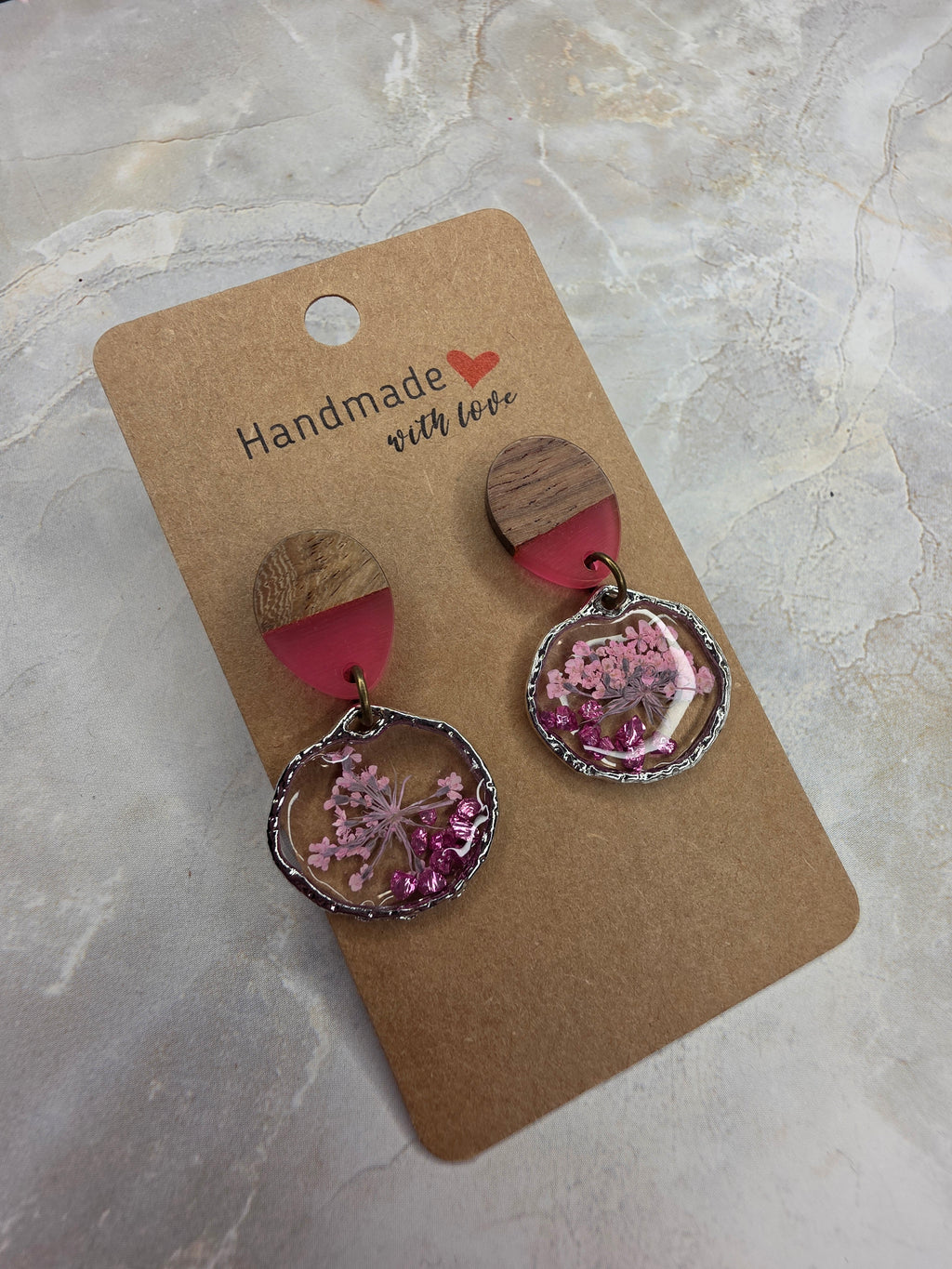 Pink Pressed Flower & Wood Dangle Earrings