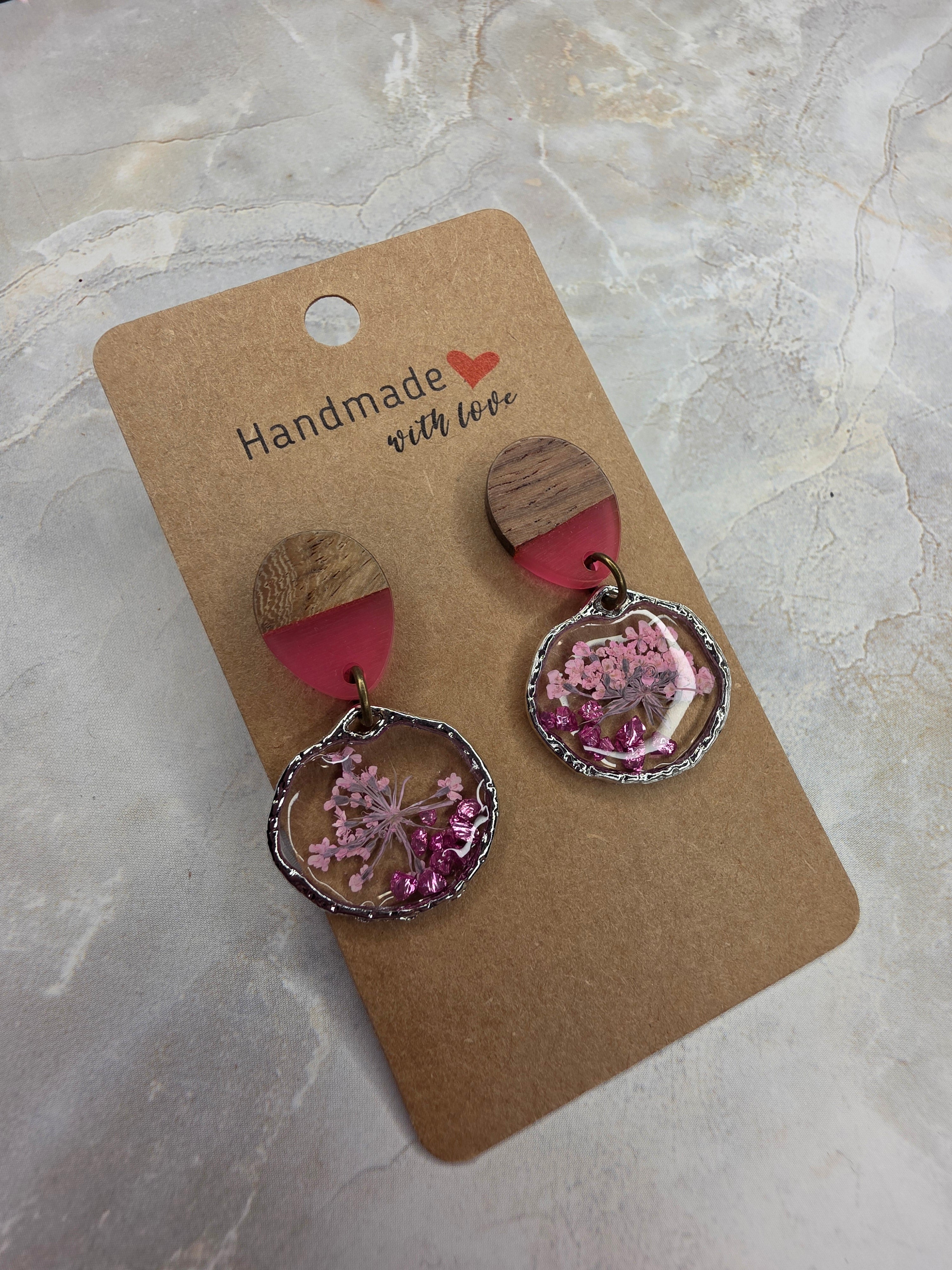 Pink Pressed Flower & Wood Dangle Earrings