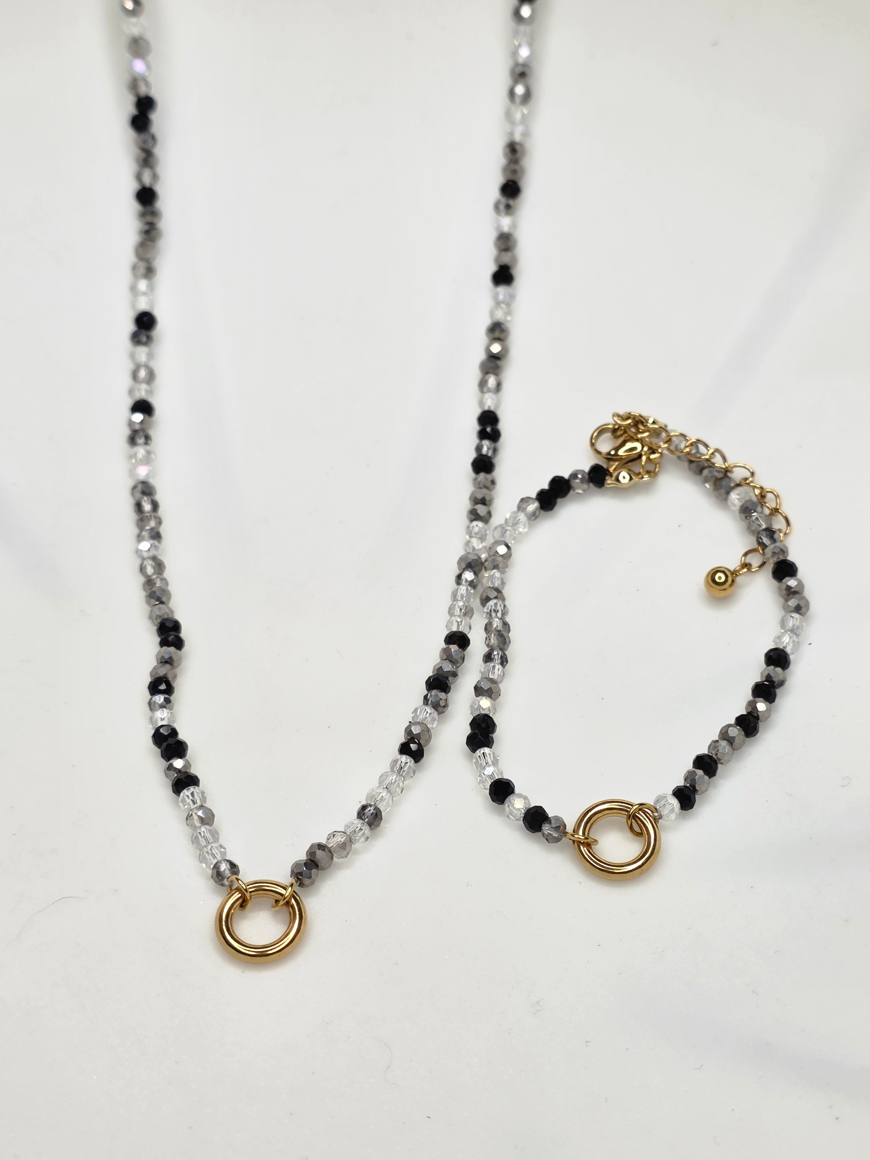 Black Bleaded Charm Necklace & Bracelet Set
