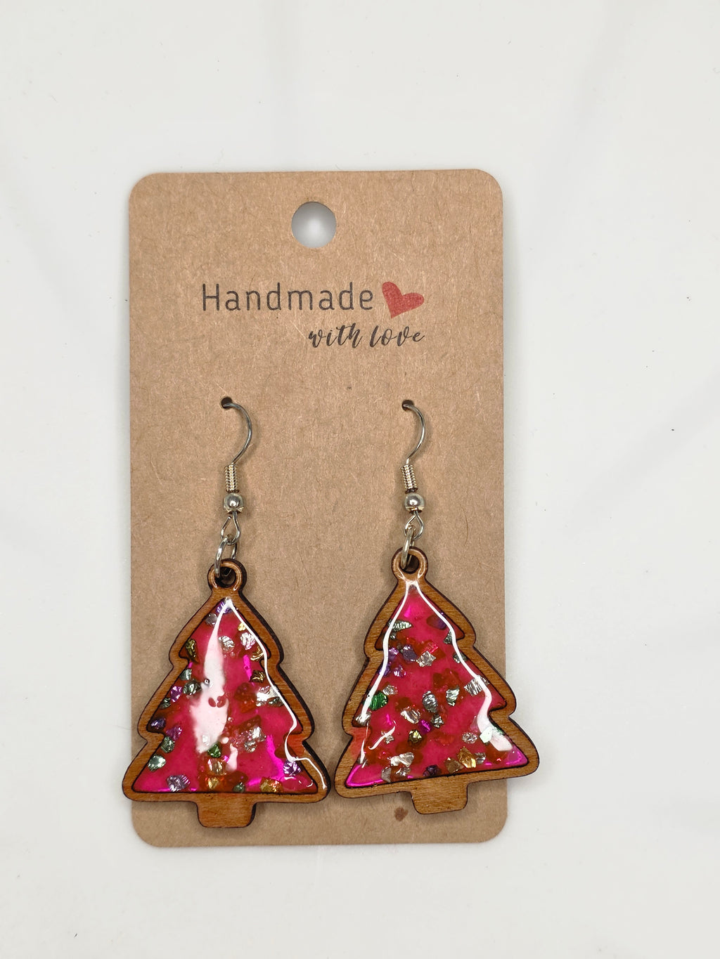 Pink Glitter Resin & Wood Christmas Tree Drop Earrings