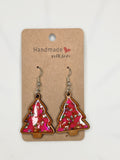 Pink Glitter Resin & Wood Christmas Tree Drop Earrings