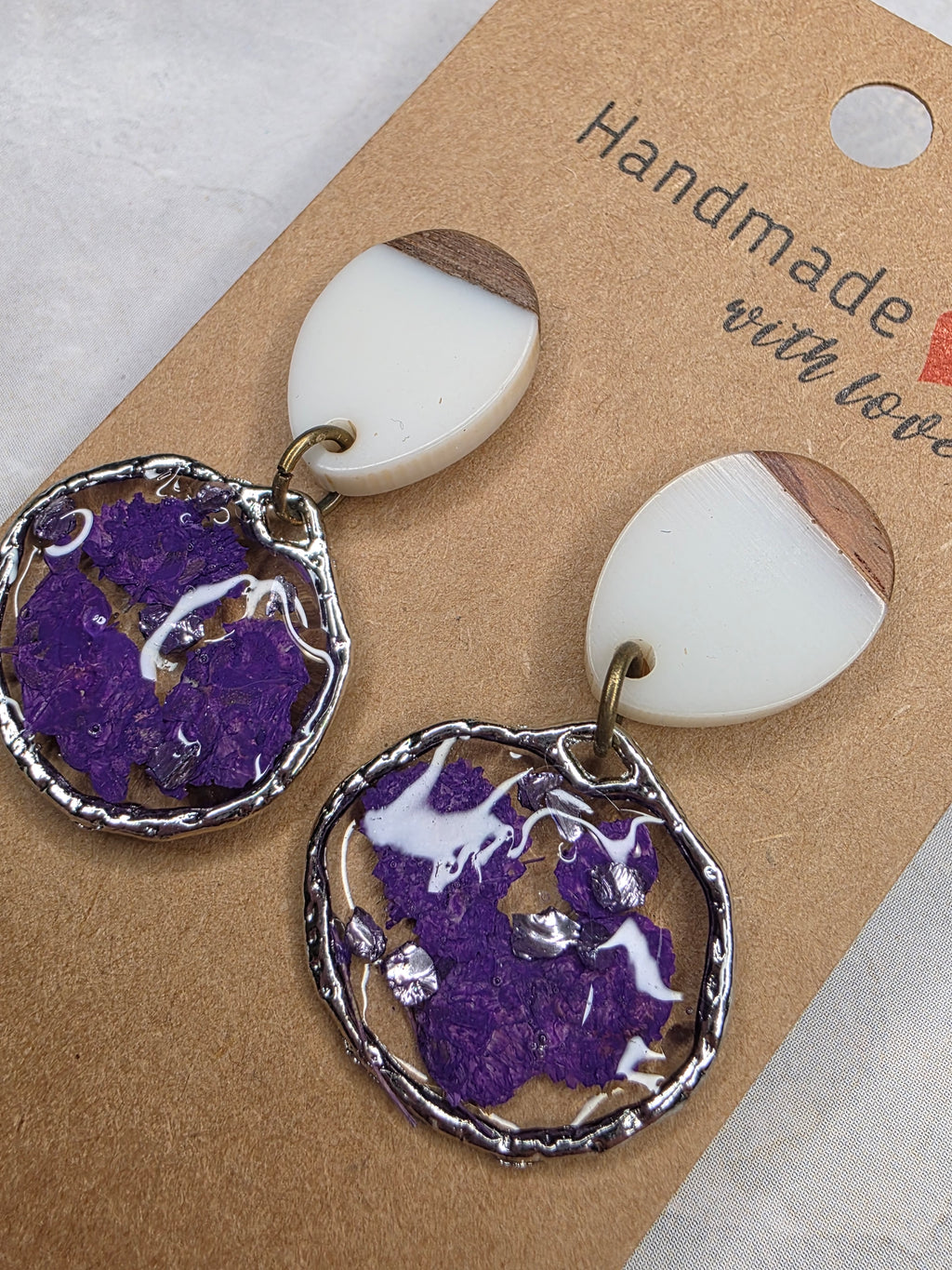 Purple Resin & Wood Dangle Earrings