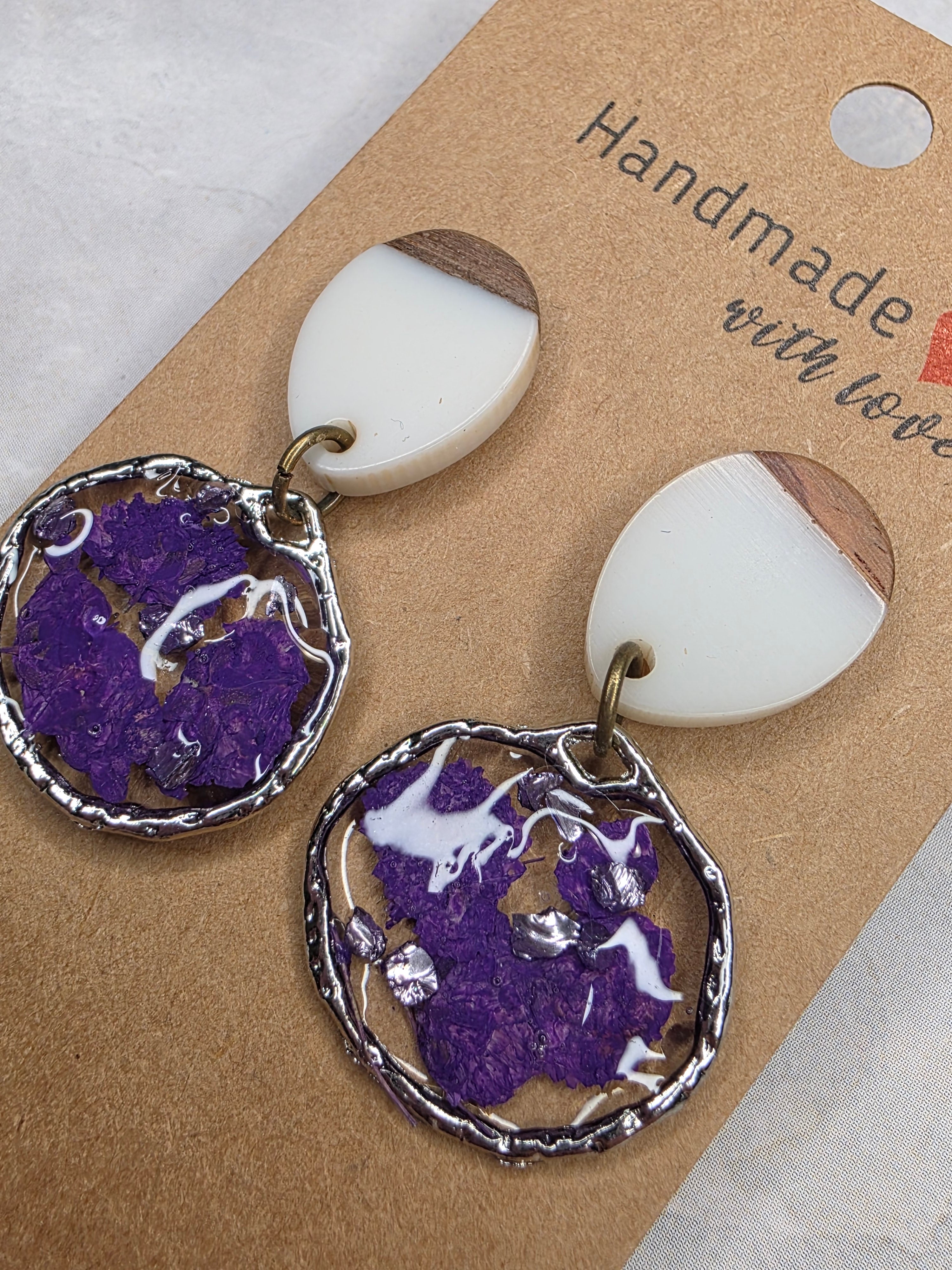 Purple Resin & Wood Dangle Earrings