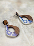 Blue Tile Resin & Wood Drop Earrings
