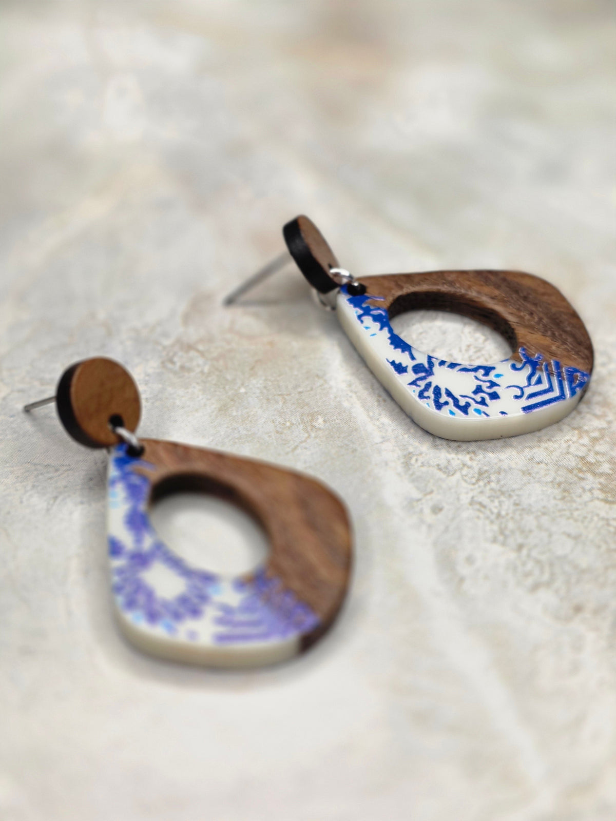 Blue Tile Resin & Wood Drop Earrings