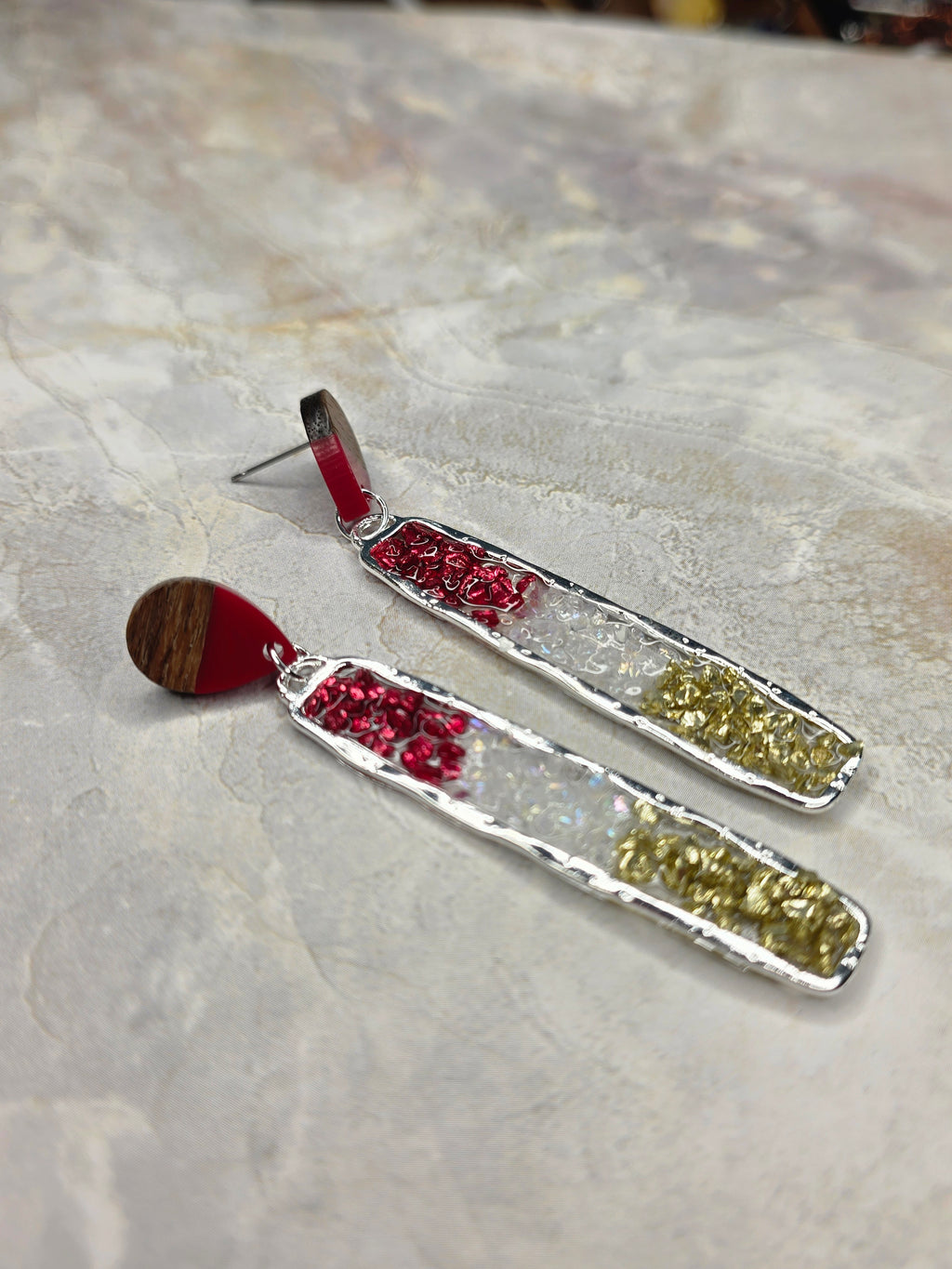 Wood & Red Gold Chip Resin Earrings