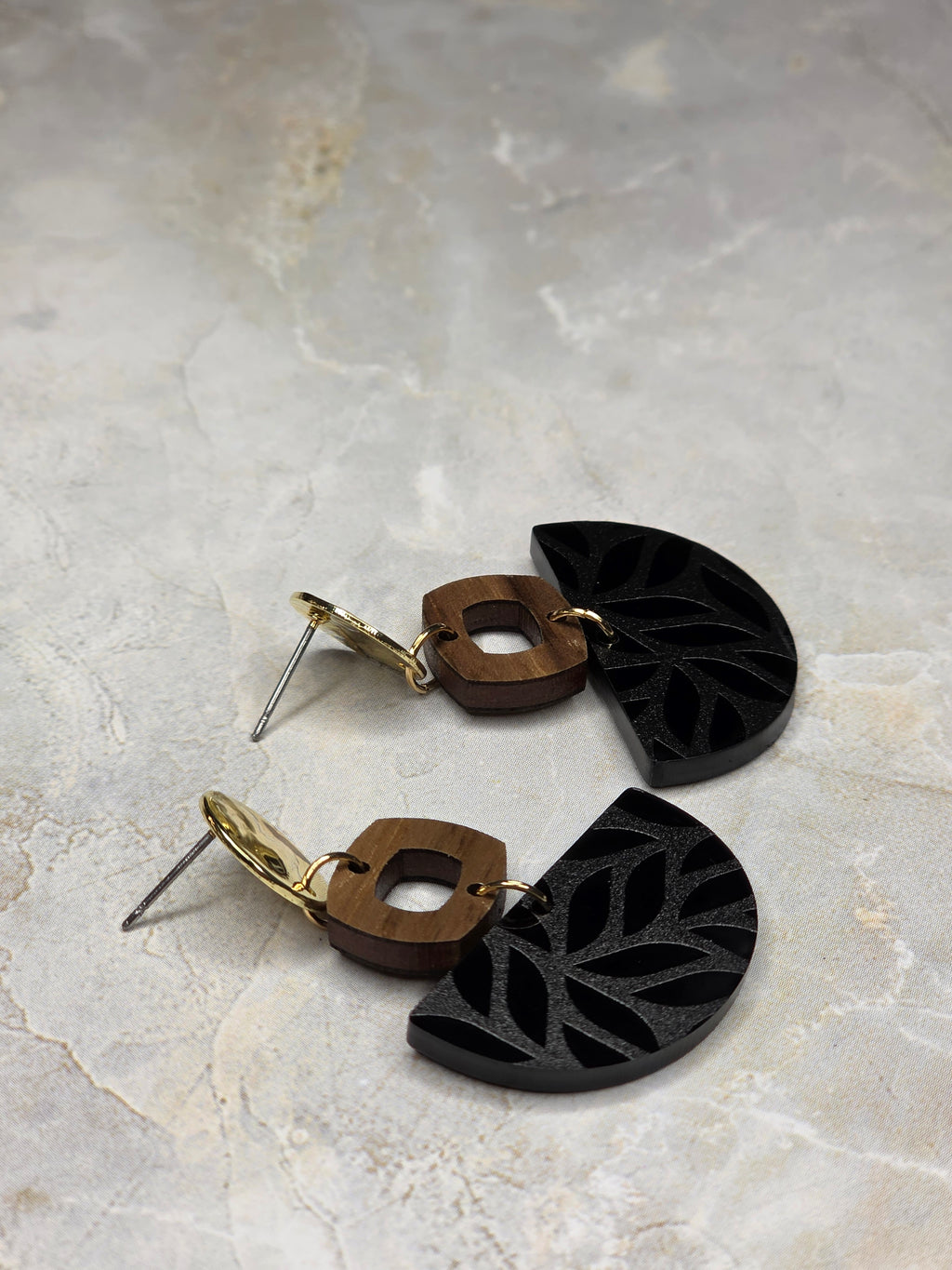 Black Geometric Acrylic & Wood Dangle Earrings