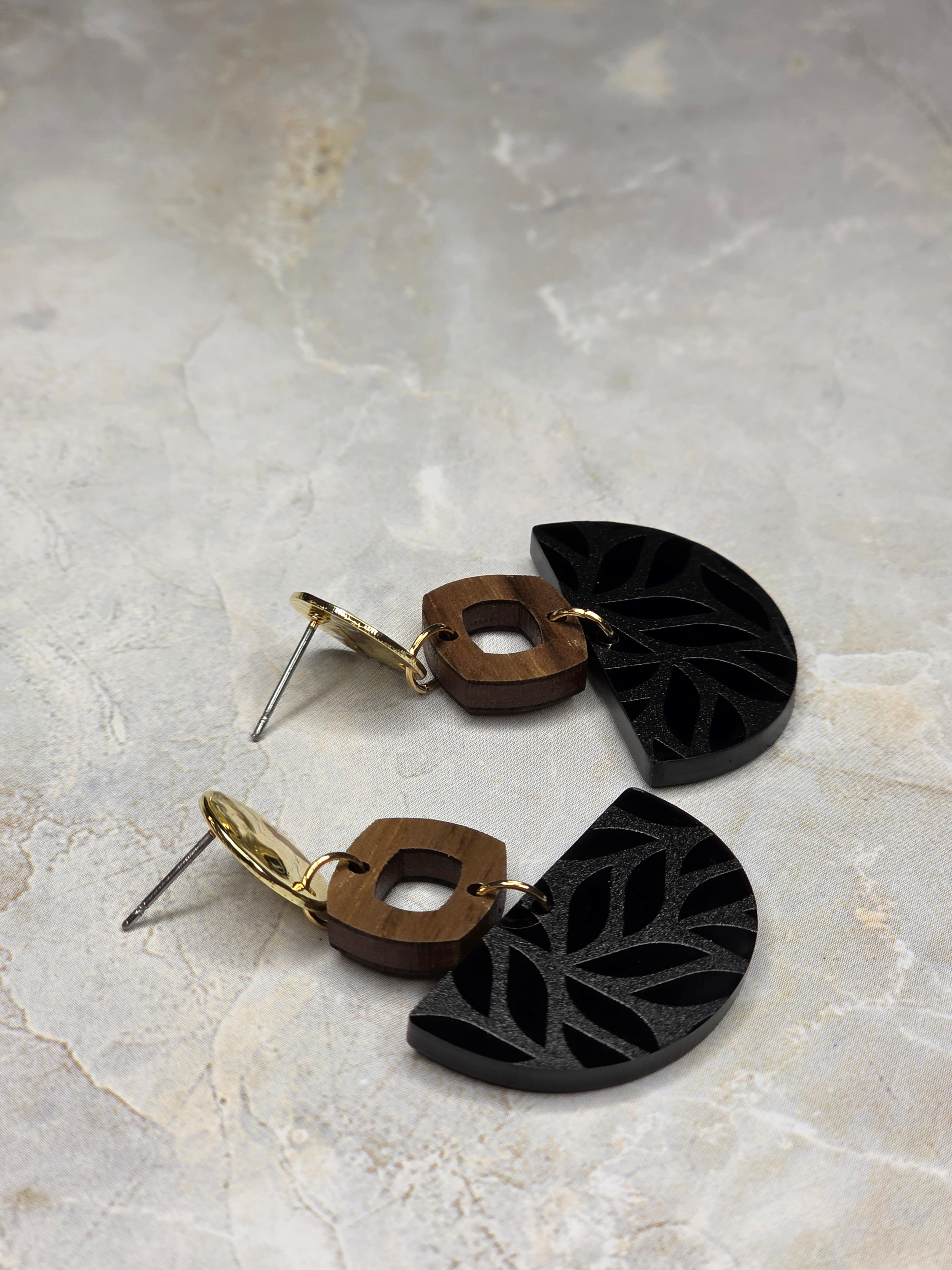 Black Geometric Acrylic & Wood Dangle Earrings