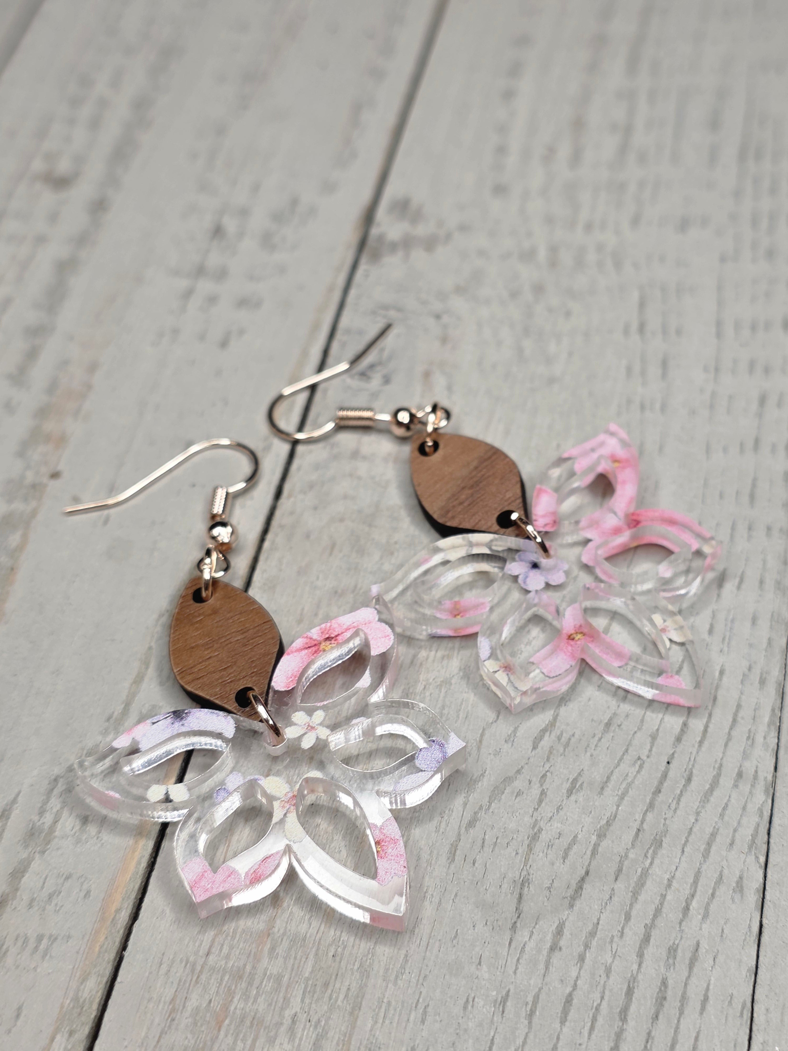 Cherry Blossom Flower Acrylic & Wood Dangle Earrings