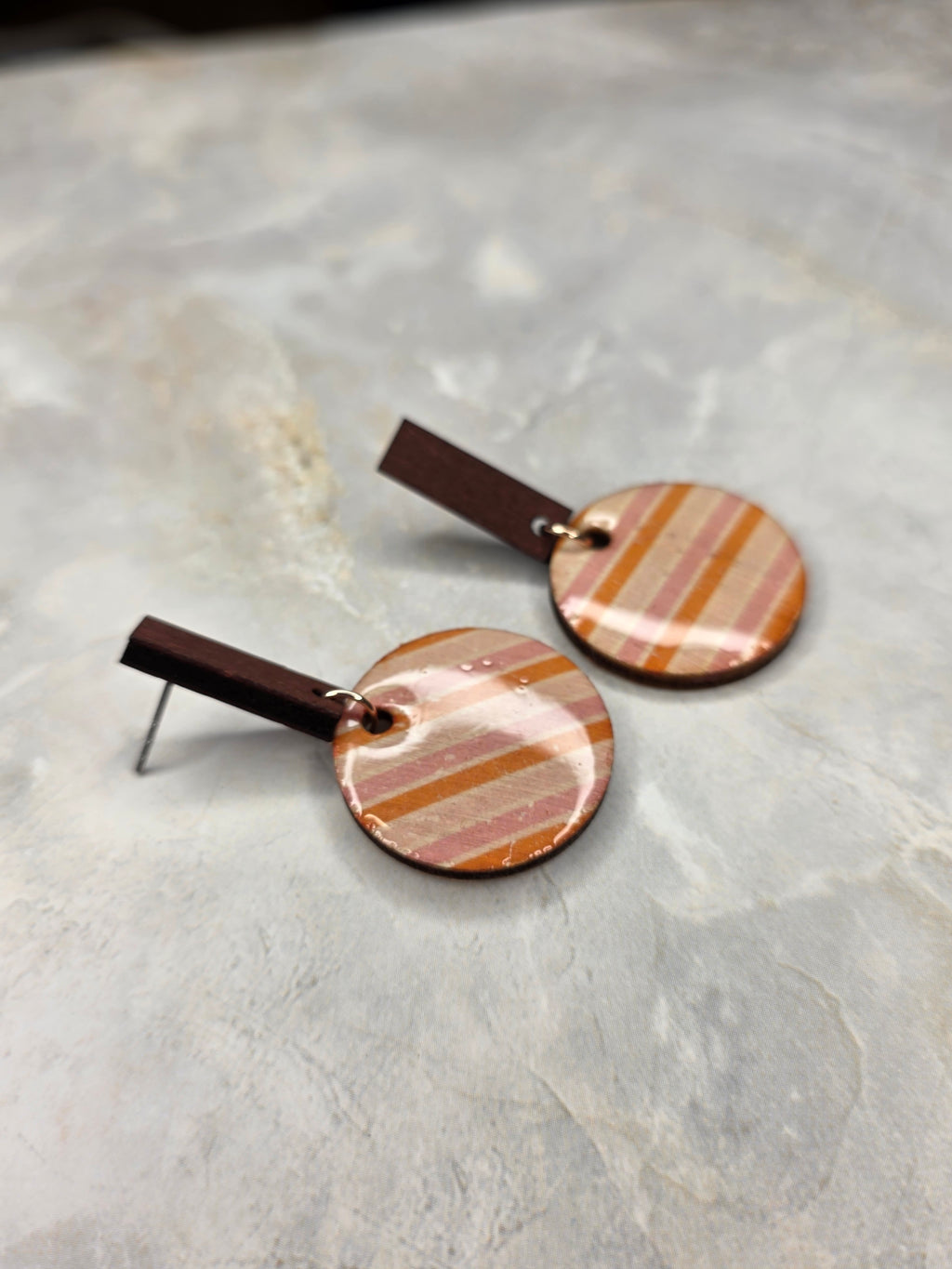 Terracotta Stripe Resin & Wood Bar Drop Earrings