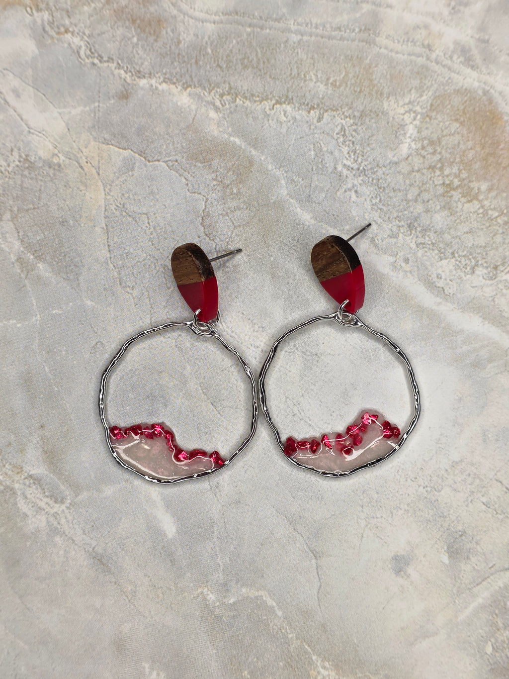 Red Resin & Wood Teardrop Stud Drop Earrings