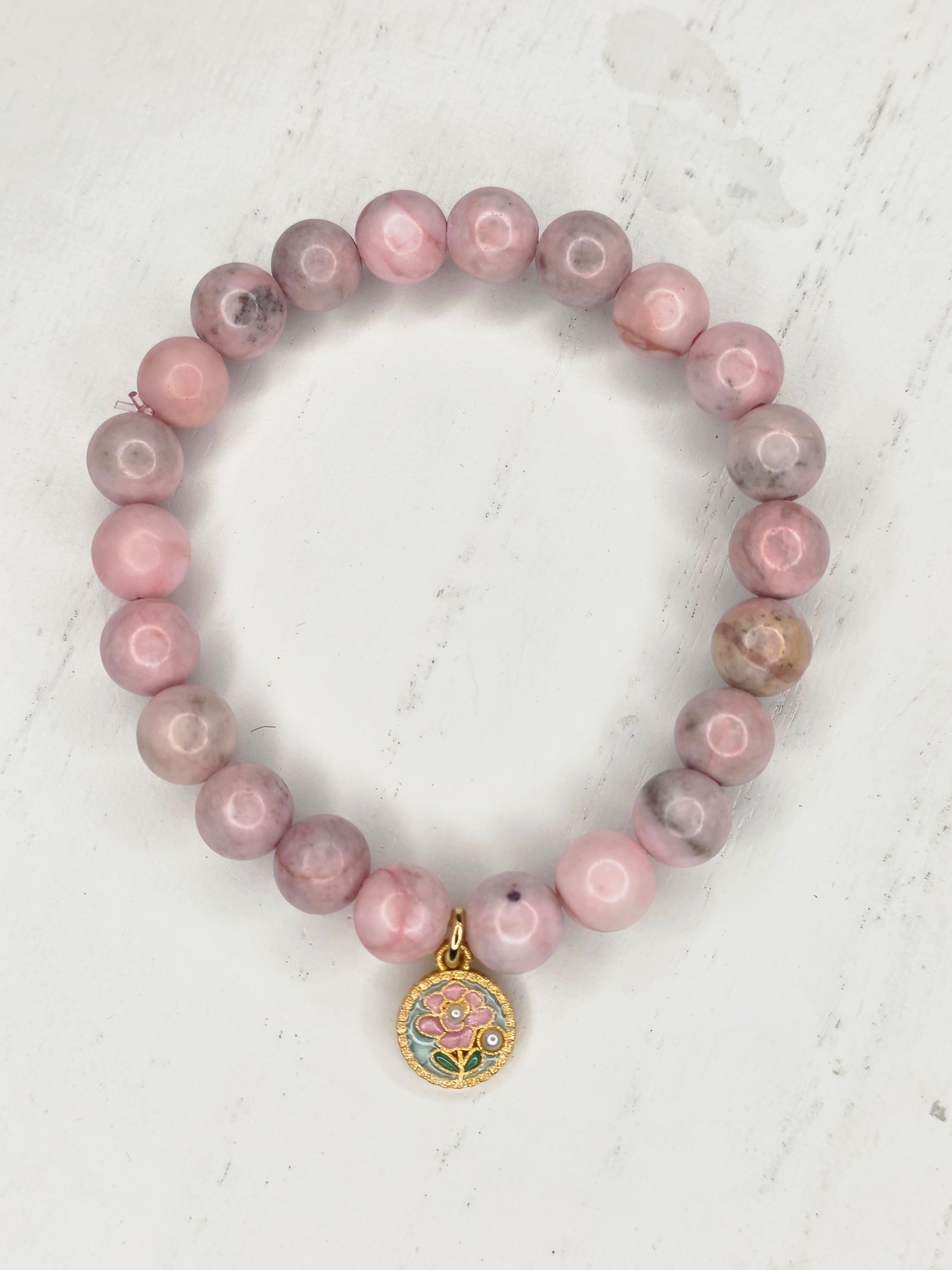 Pink Zebra Jasper Flower Charm Bracelet