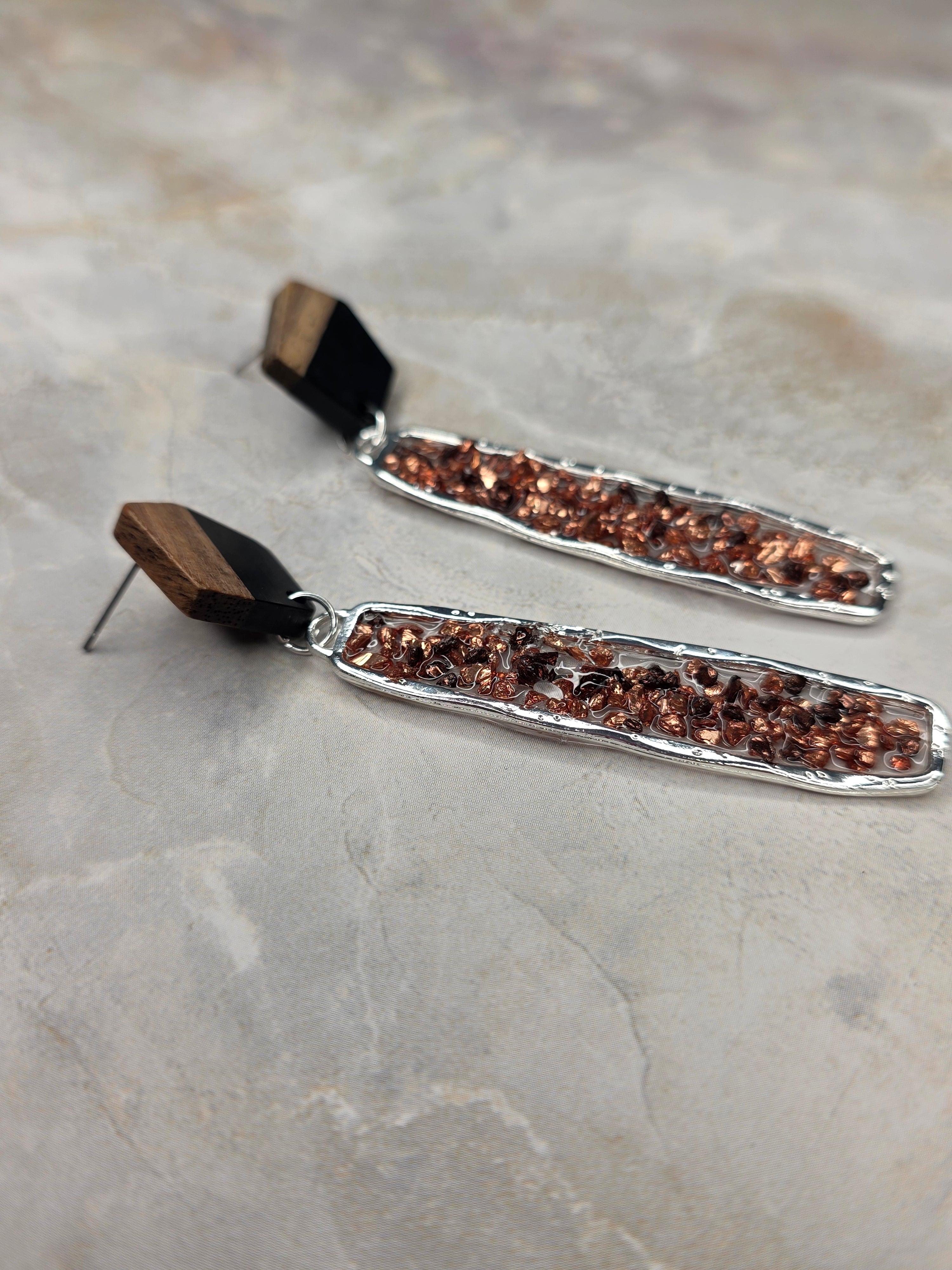 Wood & Copper Chip Resin Dangle Earrings