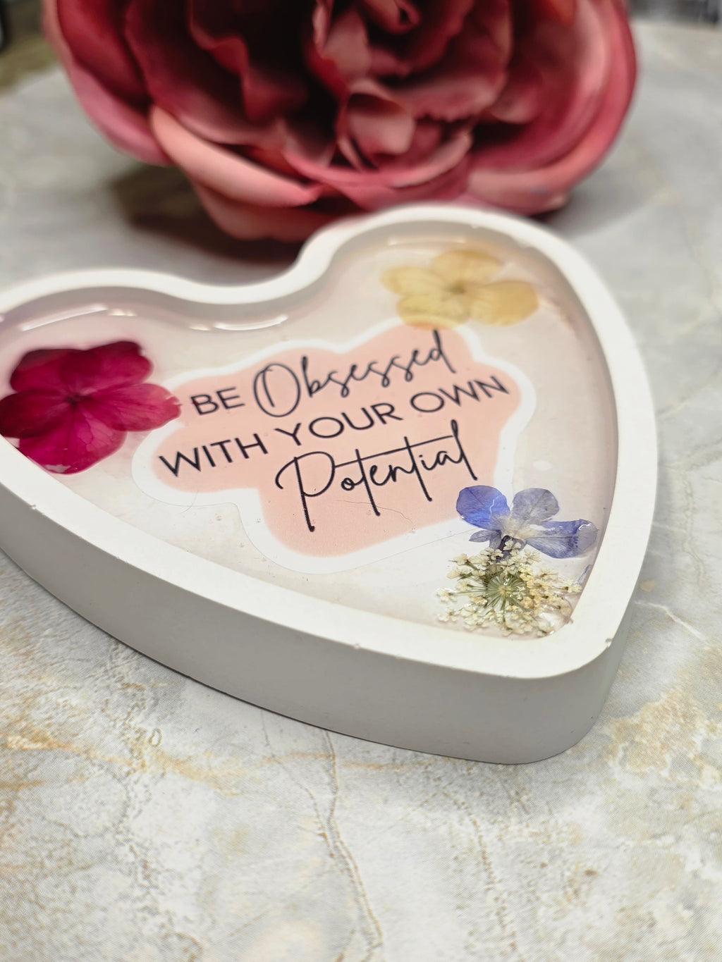 "Be Obsessed With Your Own Potential" Pressed Flower Heart Tray | Eco Resin