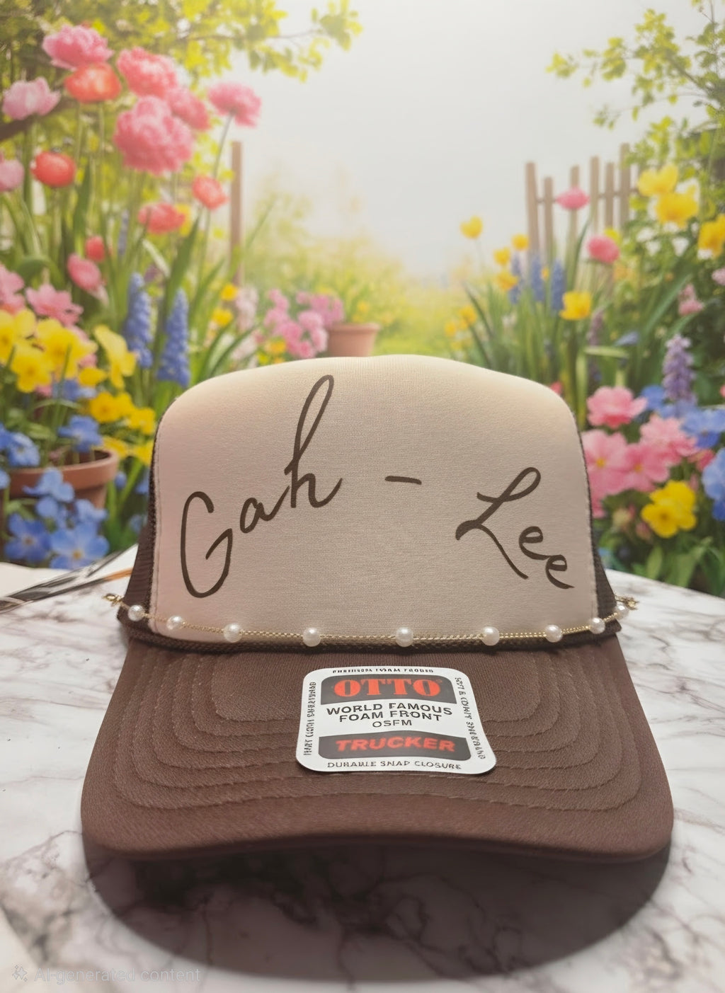 A brown and beige trucker hat with 'Gah - Lee' written on the front panel, displayed on a marble surface with a blurred garden background.