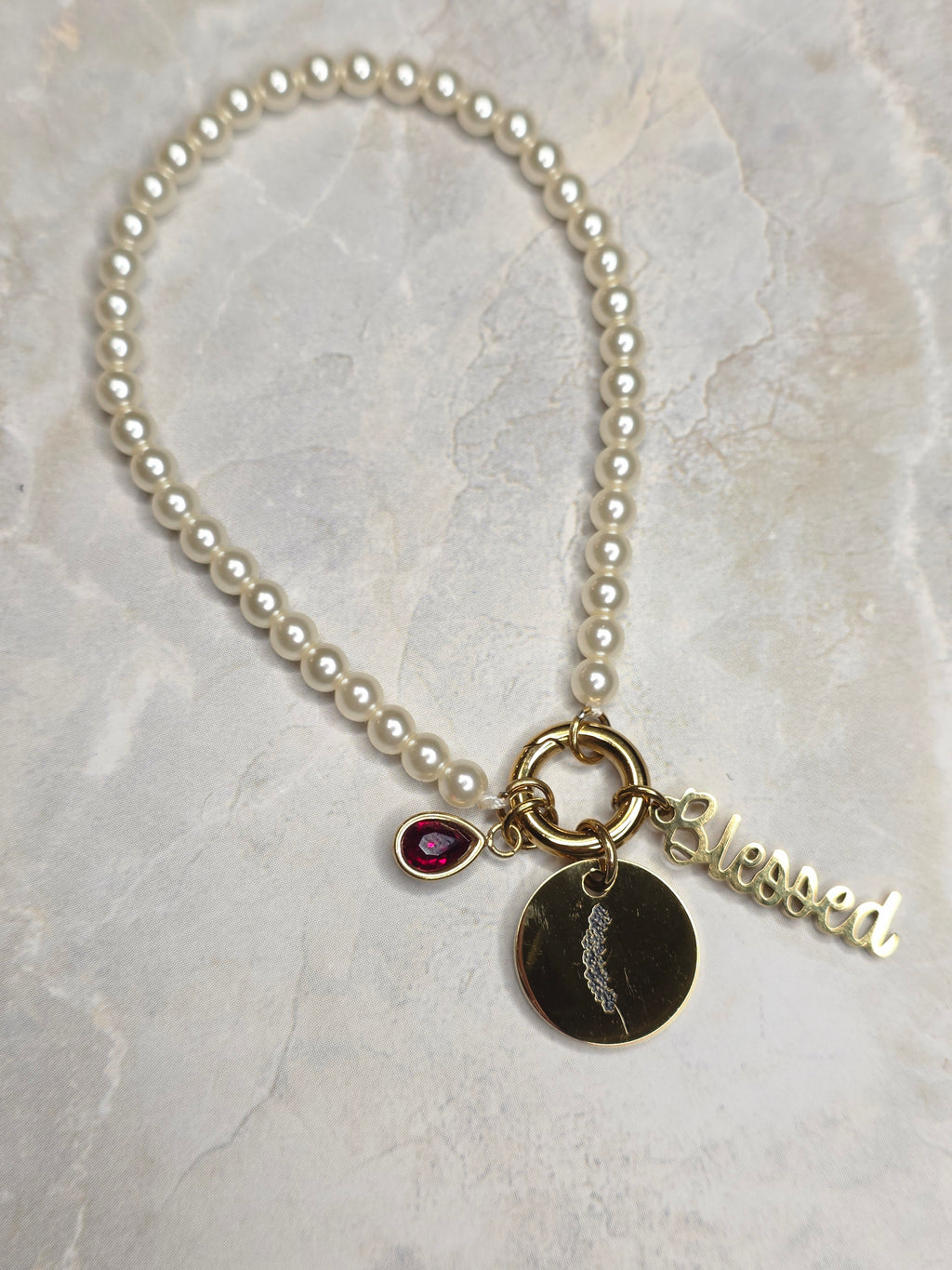 July Birthstone Charm Bracelet — Ruby, Birth Flower & Blessed Charm