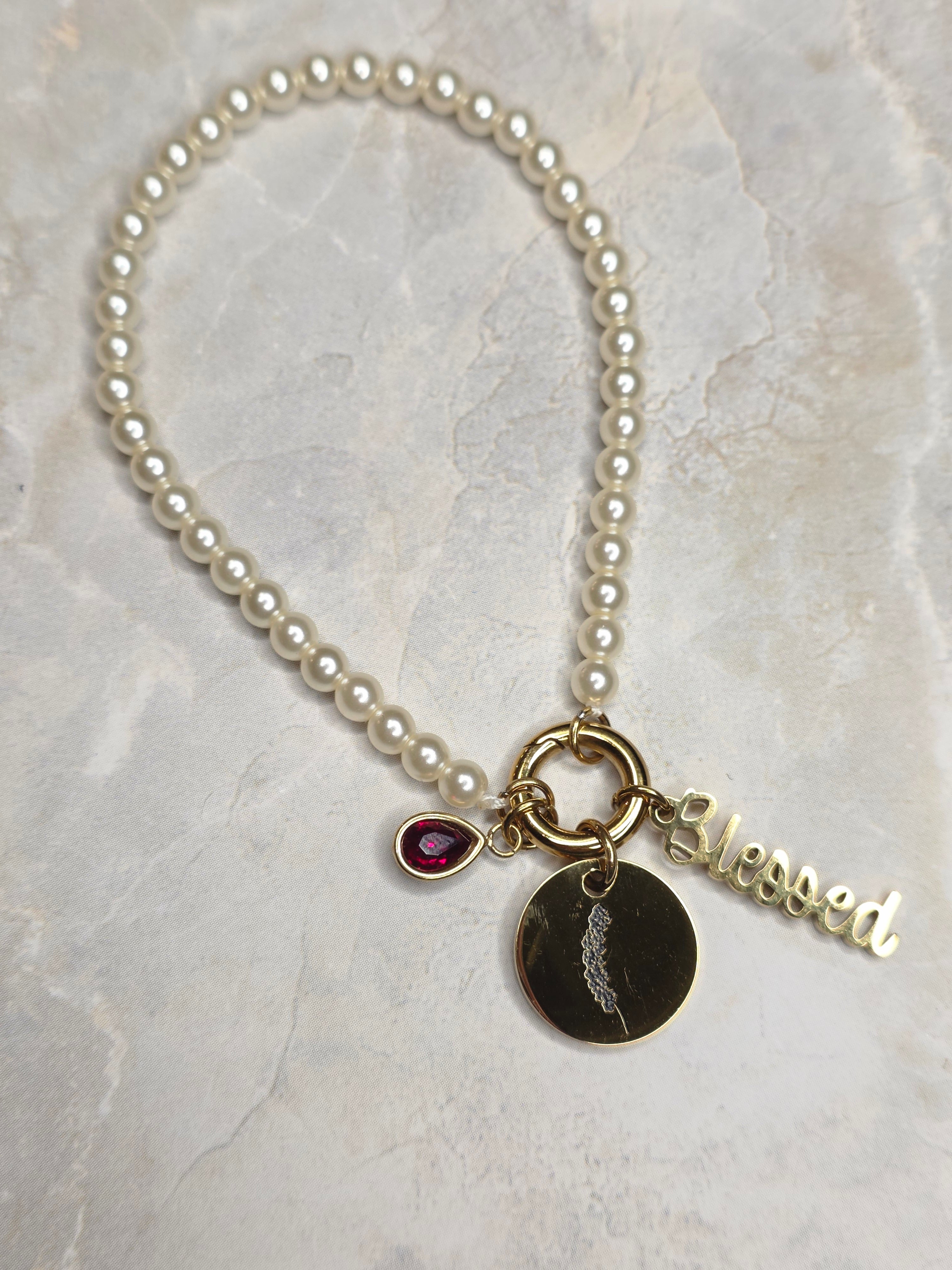 July Birthstone Charm Bracelet — Ruby, Birth Flower & Blessed Charm