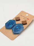Blue Glitter Resin & Wood Hexagon Drop Earrings