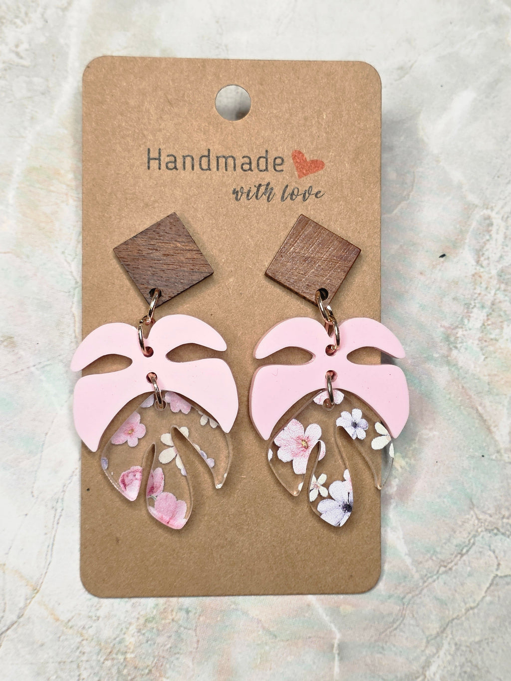 Pink Monstera Leaf & Floral Resin Dangle Earrings
