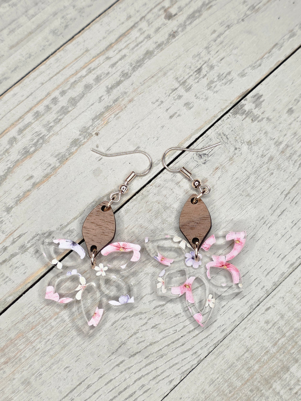 Cherry Blossom Flower Acrylic & Wood Dangle Earrings