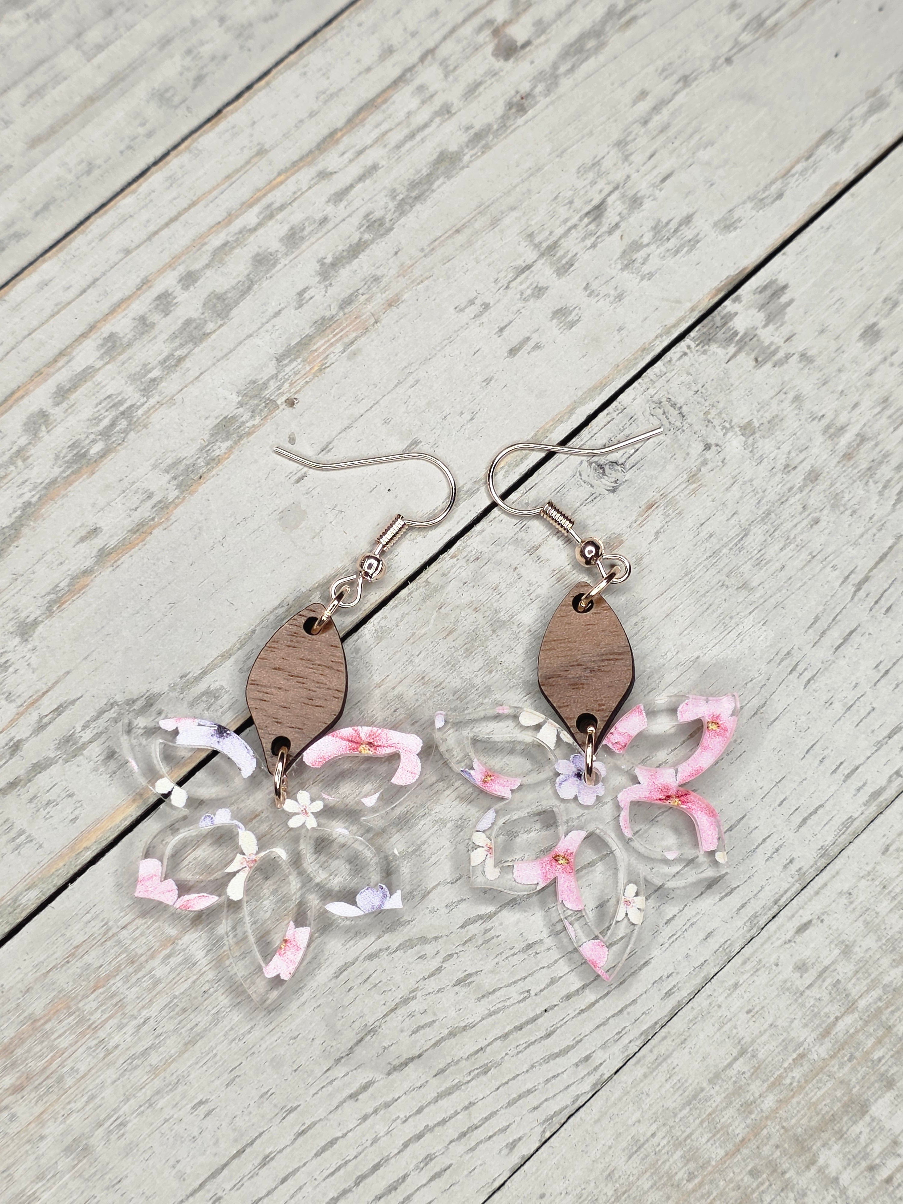 Cherry Blossom Flower Acrylic & Wood Dangle Earrings