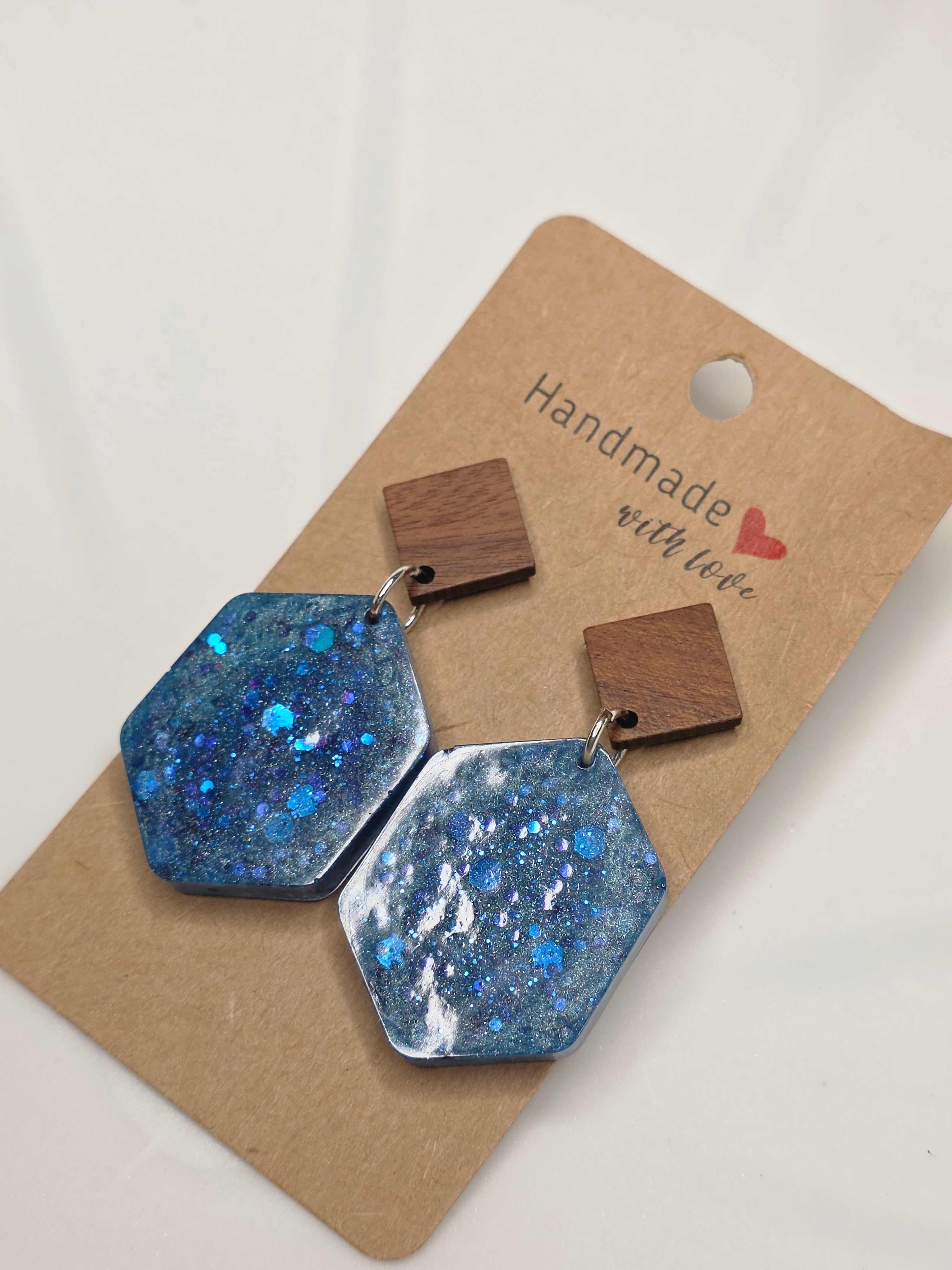 Blue Glitter Resin & Wood Hexagon Drop Earrings