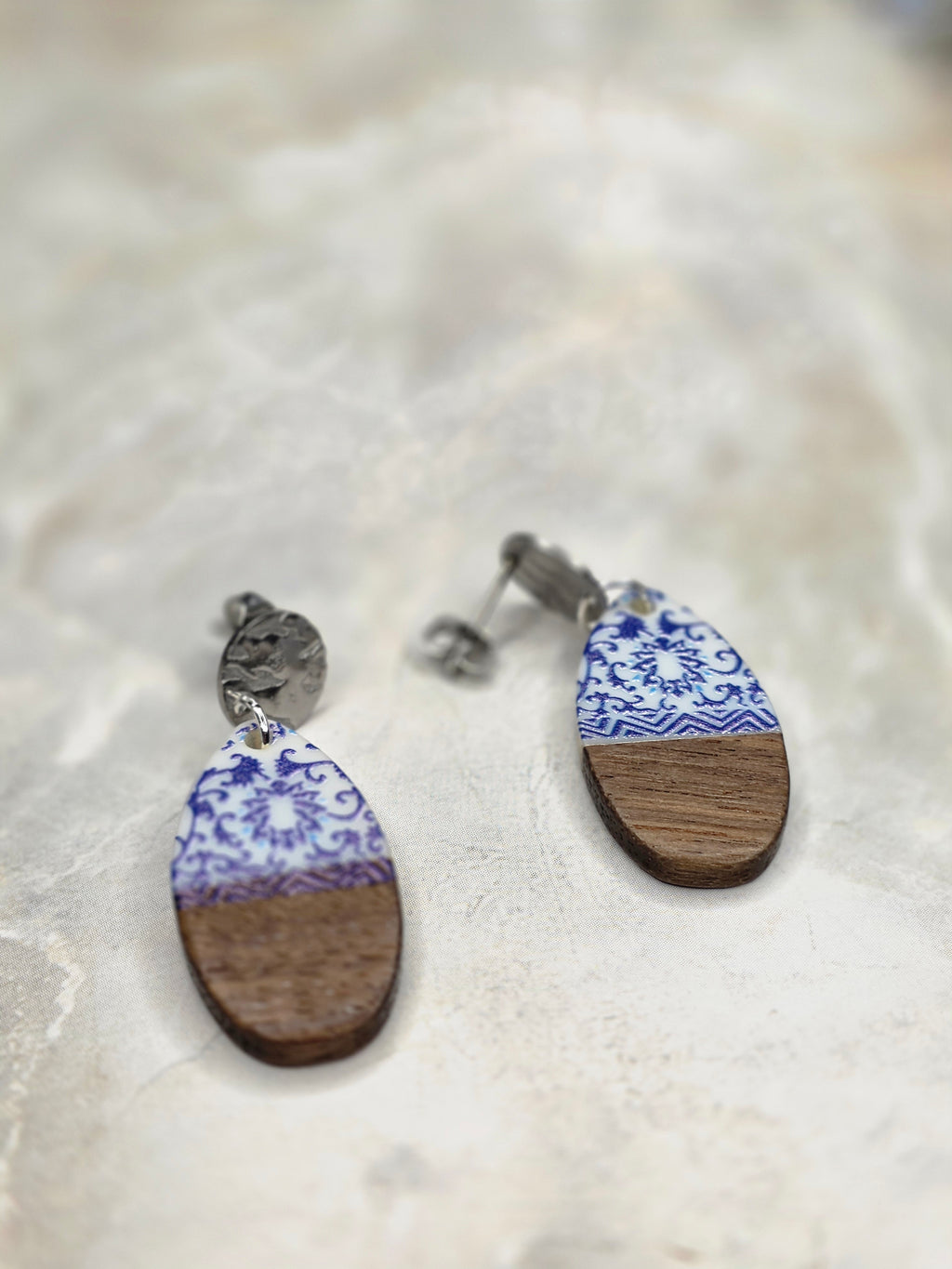 Blue Floral Wood & Resin Oval Drop Earrings