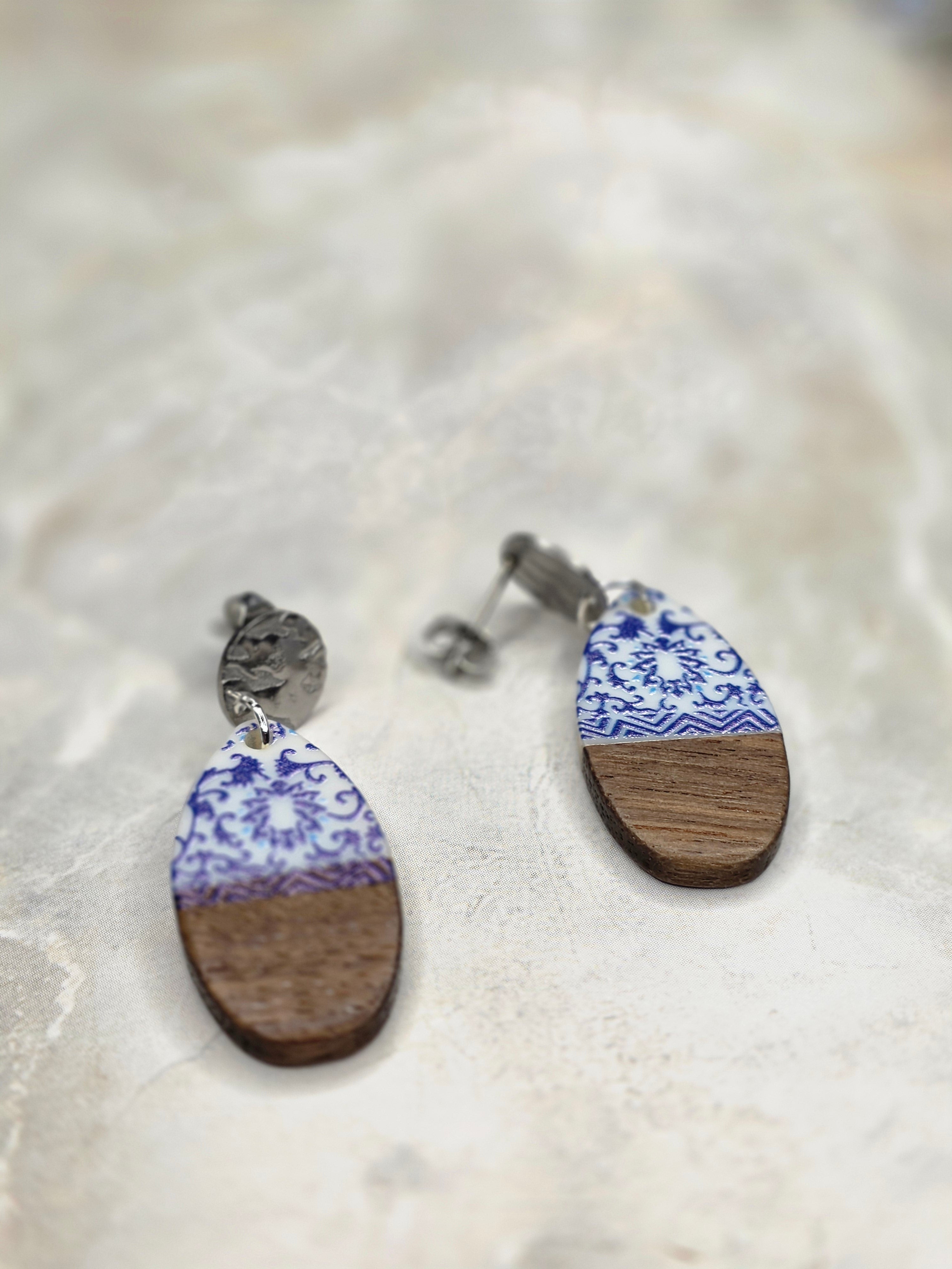 Blue Floral Wood & Resin Oval Drop Earrings