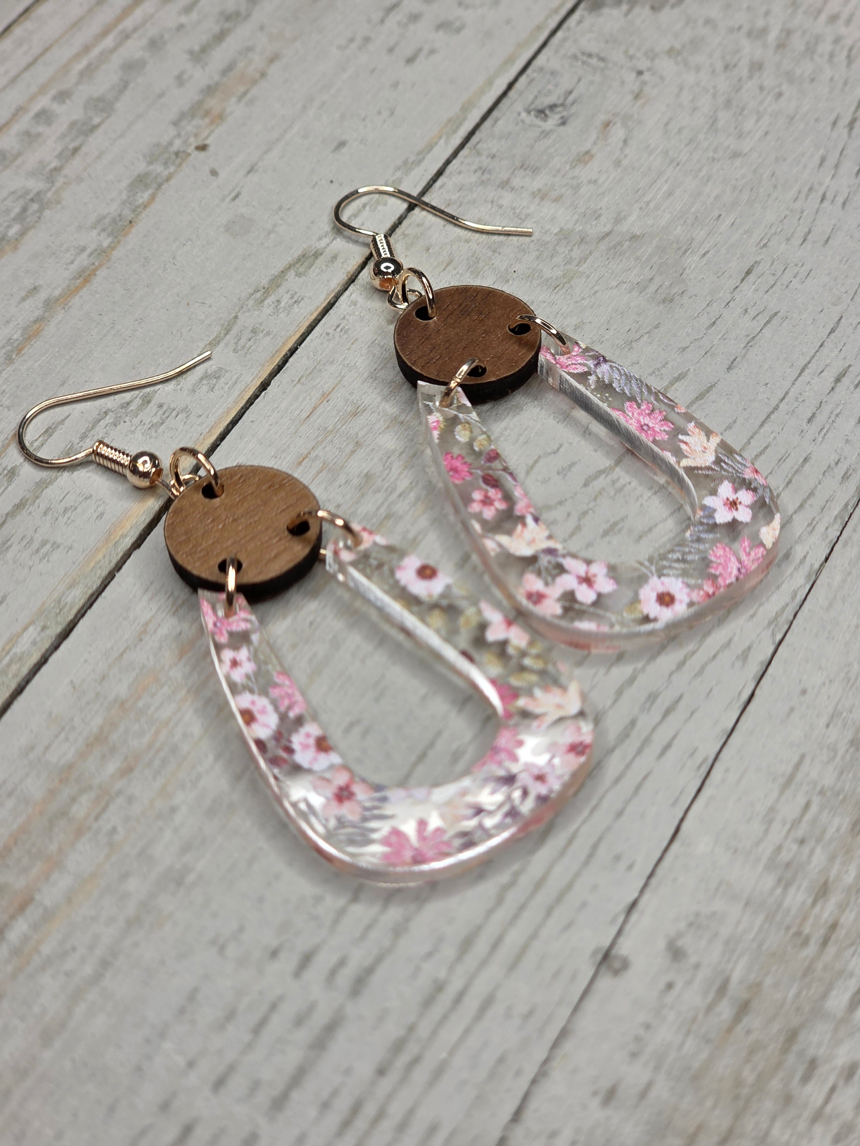 Pink Floral Acrylic & Wood Dangle Earrings