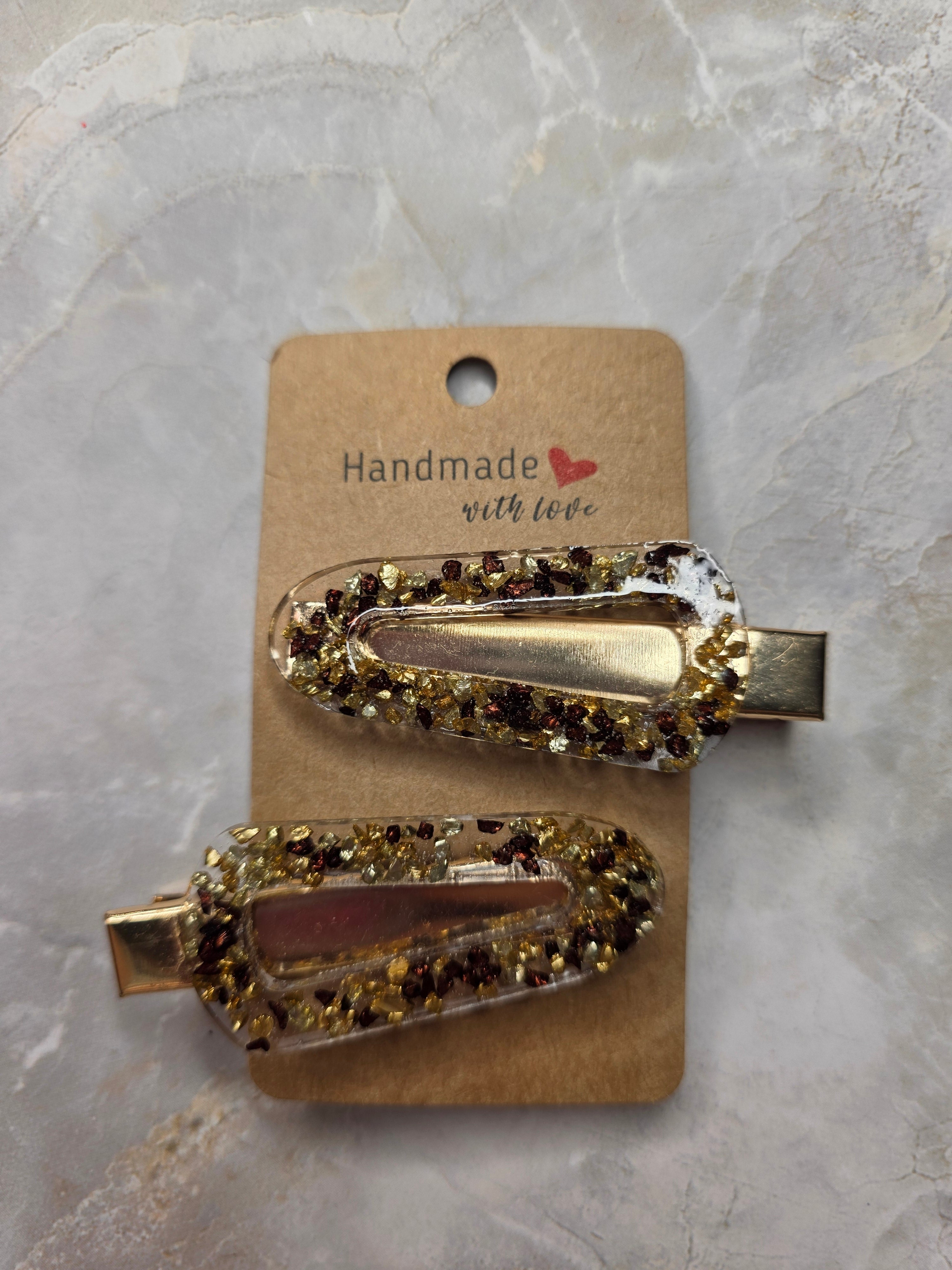 Handmade Resin Hair Clips – Gold & Brown (Set of 2)