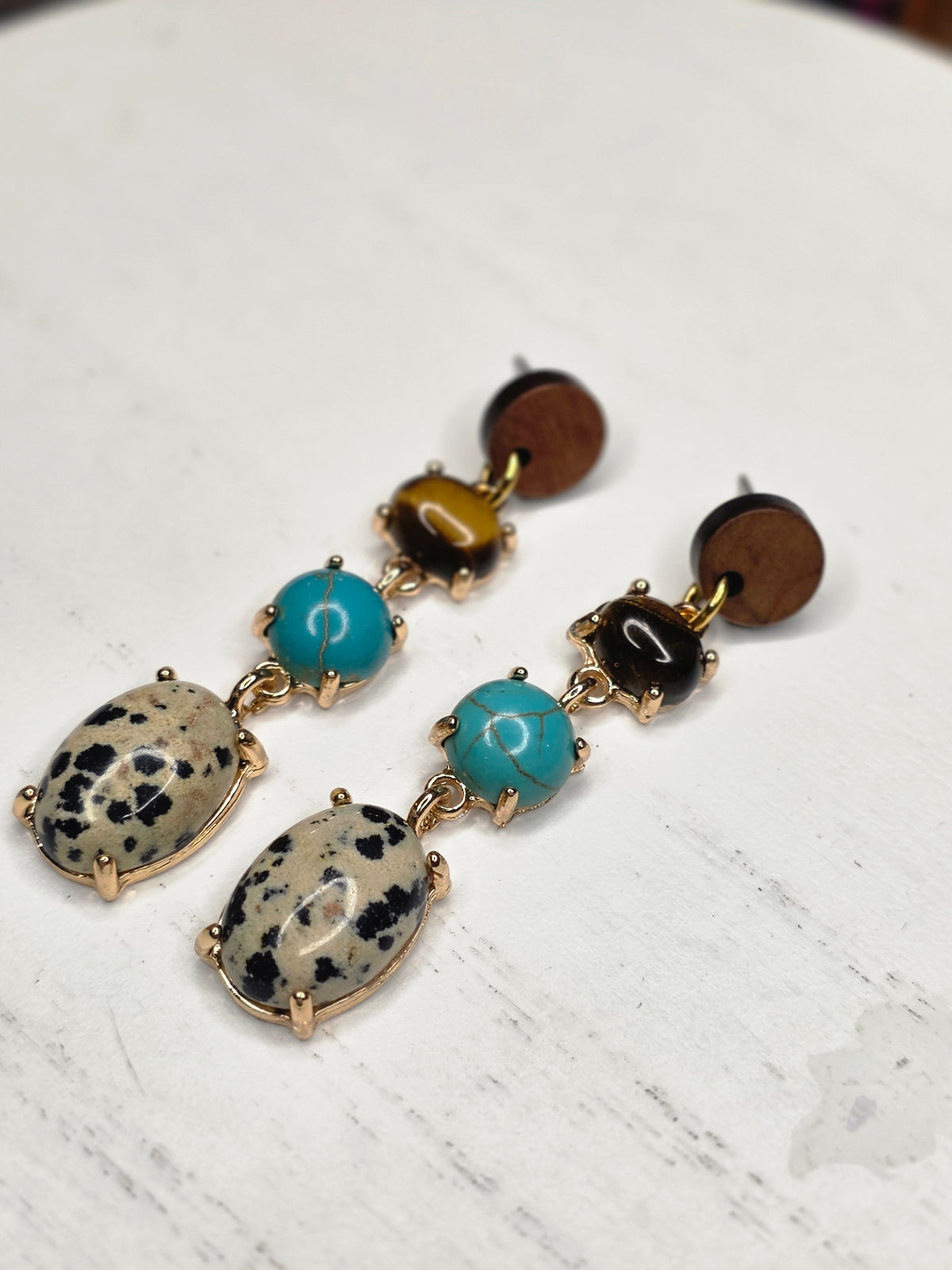 Tiger Eye, Turquoise & Dalmatian Jasper Triple Drop Earrings