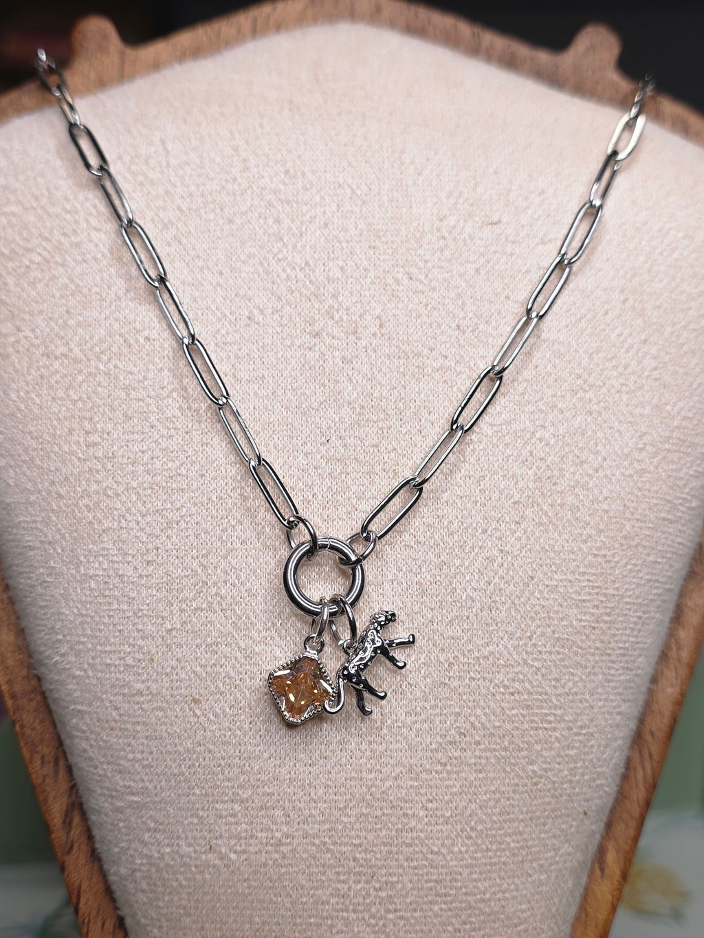 Silver Paperclip Chain Leopard & Champagne Crystal Charm Necklace