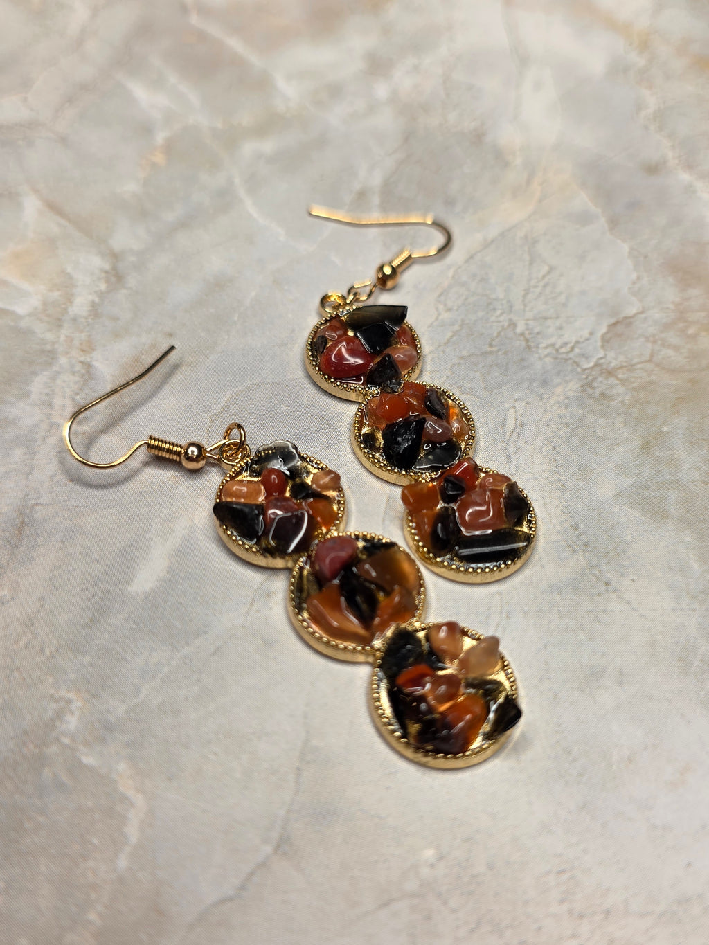 Red Agate & Onyx Triple-Drop Earrings