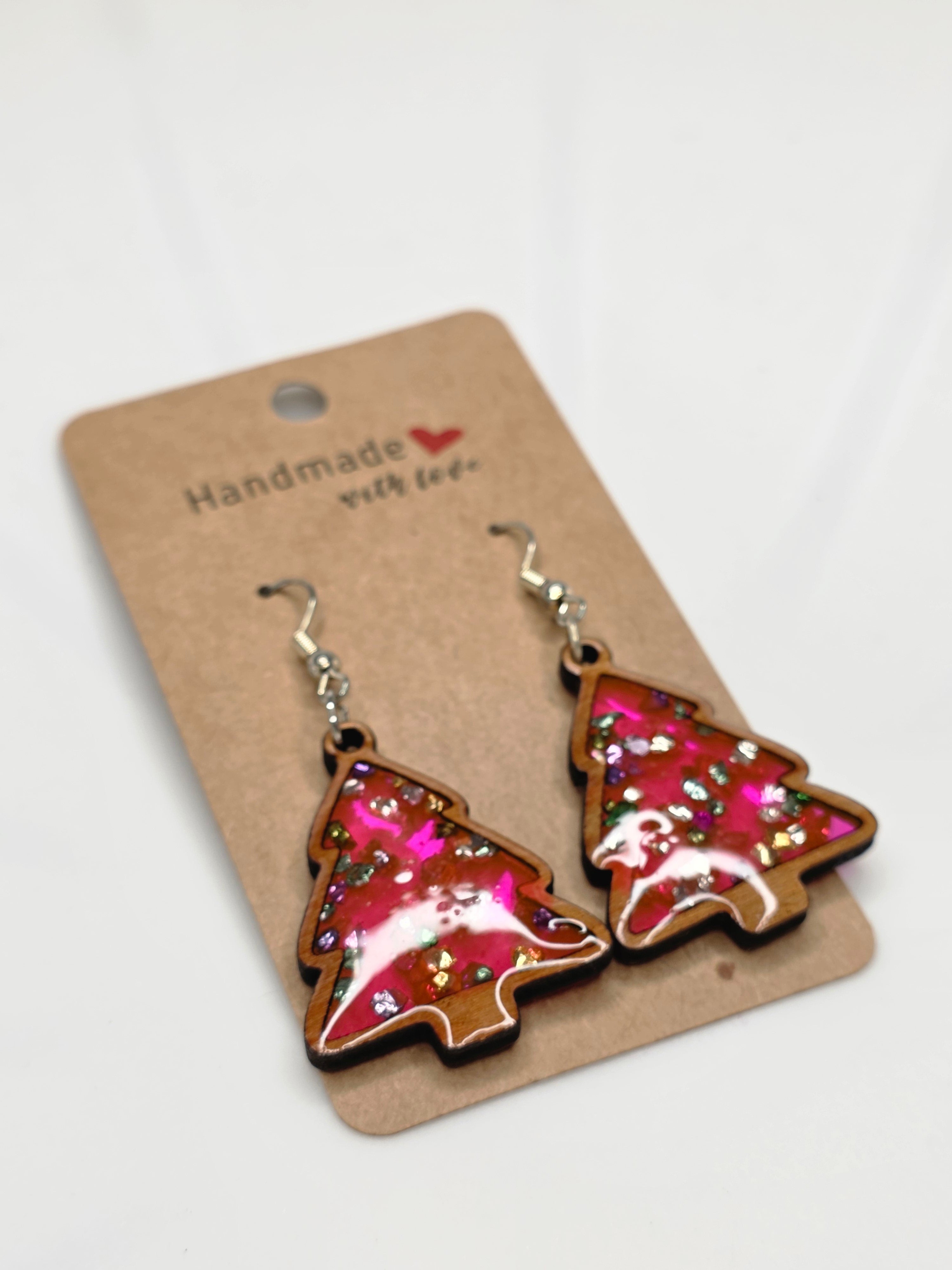 Pink Glitter Resin & Wood Christmas Tree Drop Earrings