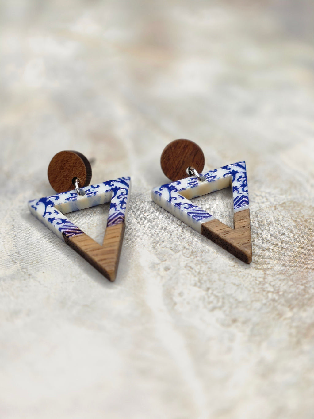 Blue Floral Wood & Resin Triangle Drop Earrings