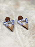 Blue Floral Wood & Resin Triangle Drop Earrings