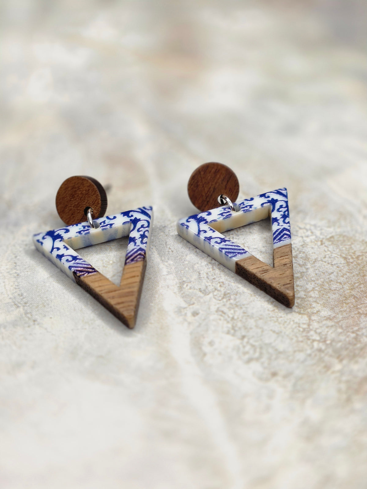 Blue Floral Wood & Resin Triangle Drop Earrings