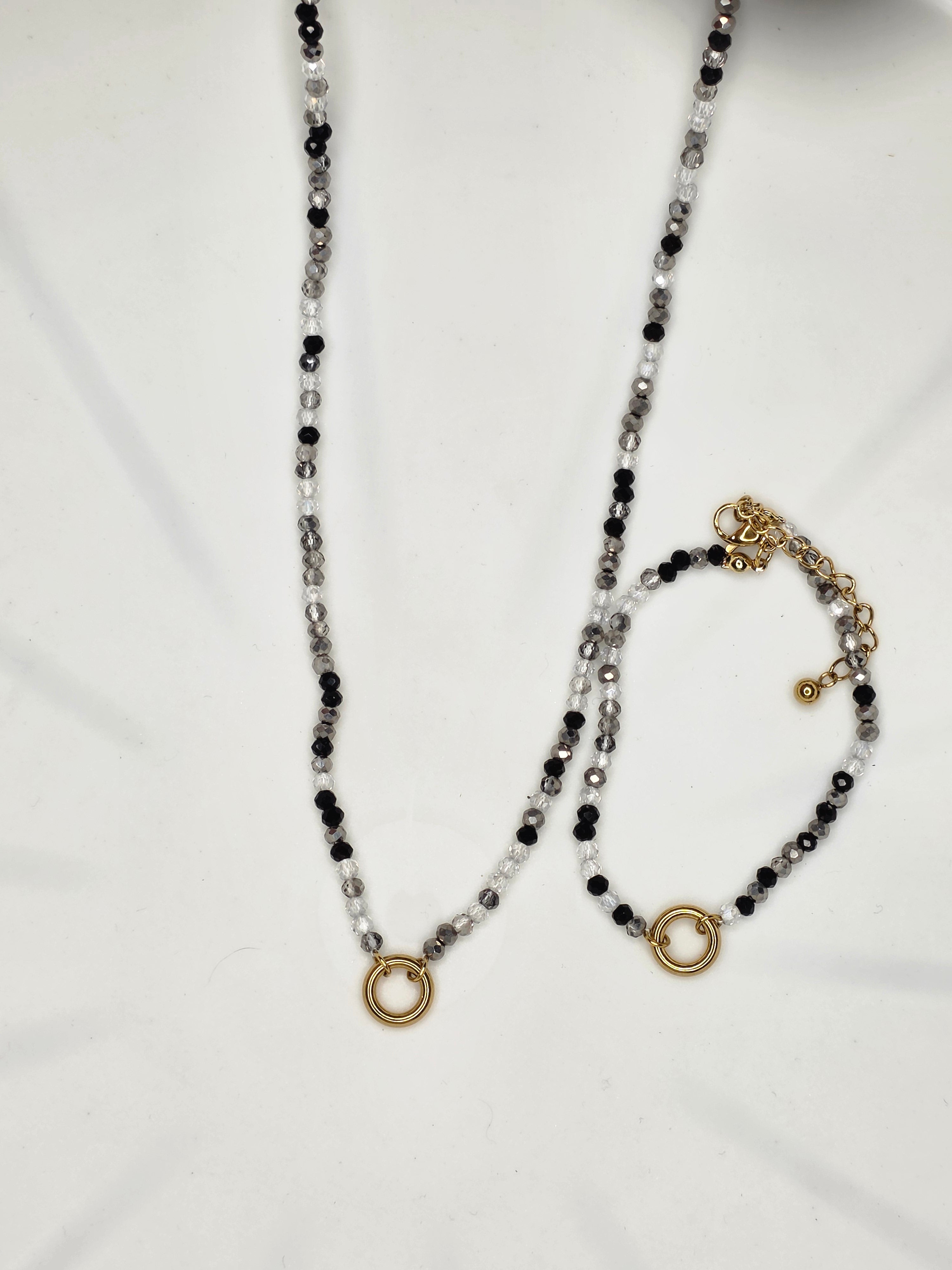 Black Bleaded Charm Necklace & Bracelet Set
