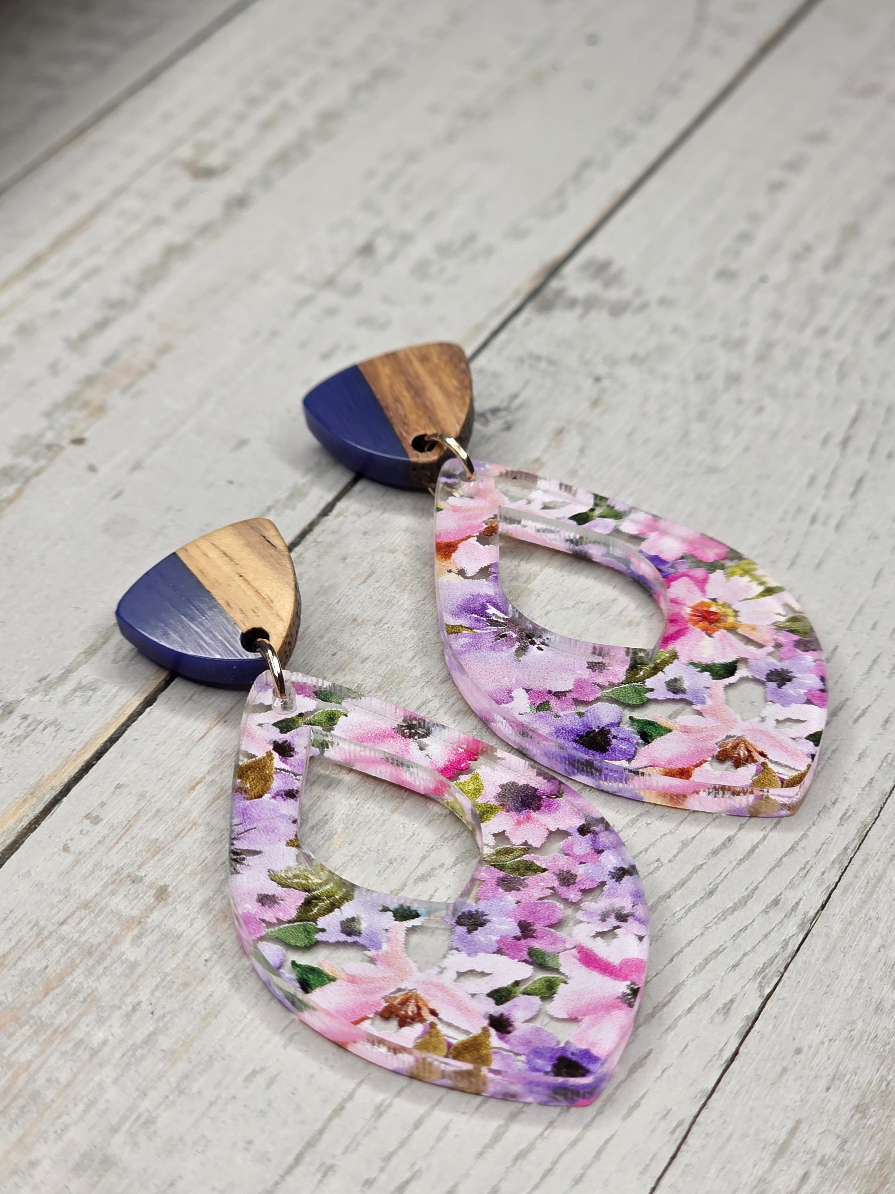 Garden Floral Acrylic & Wood Dangle Earrings