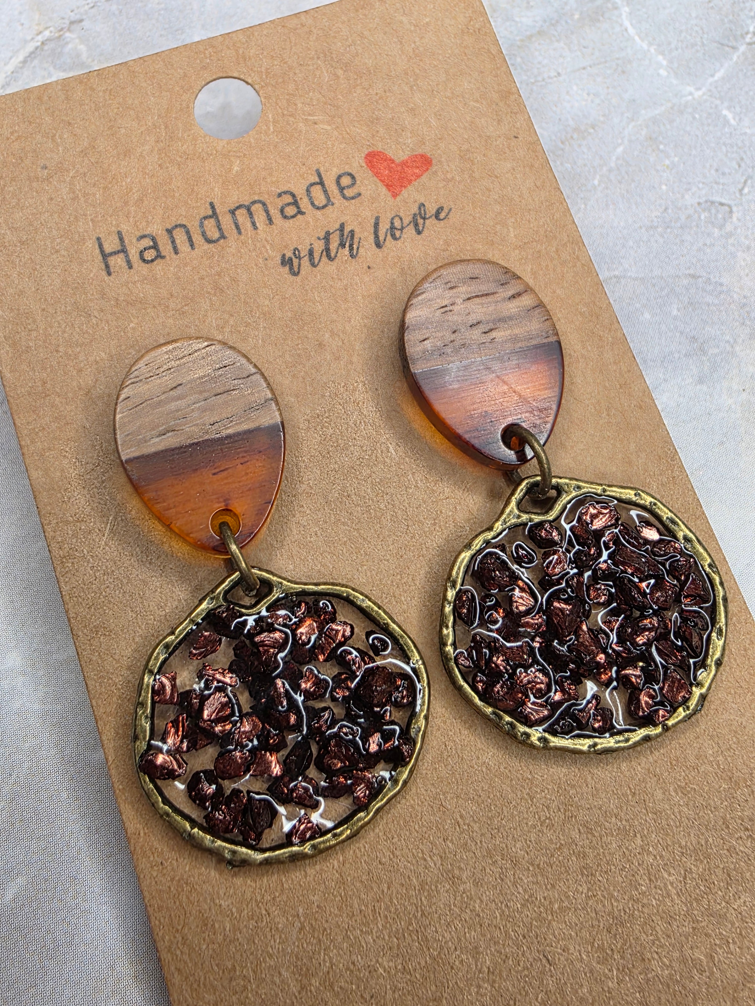 Wood Resin & Bronze Crushed Glass Drop Earrings
